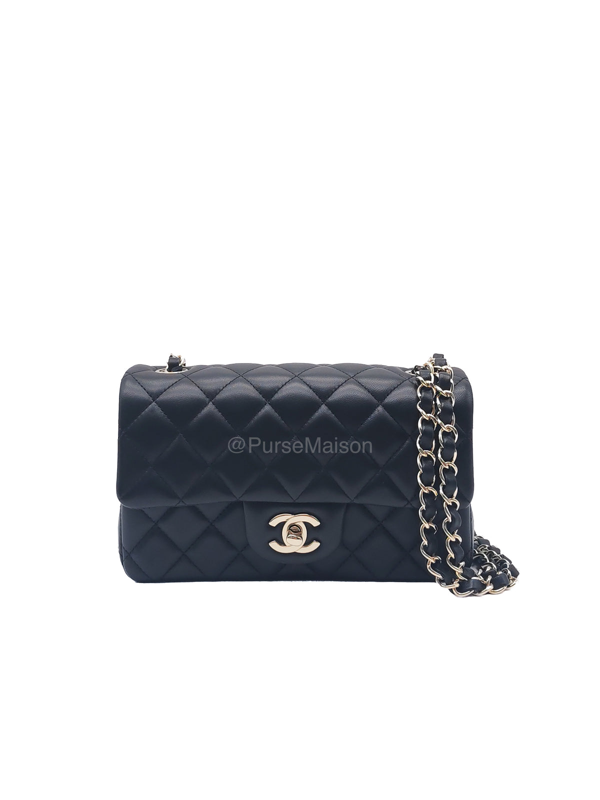 Chanel Mini Rectangle in Black Lambskin Leather Light Gold Hardware(Microchip) | Purse Maison Luxury Bags Shop