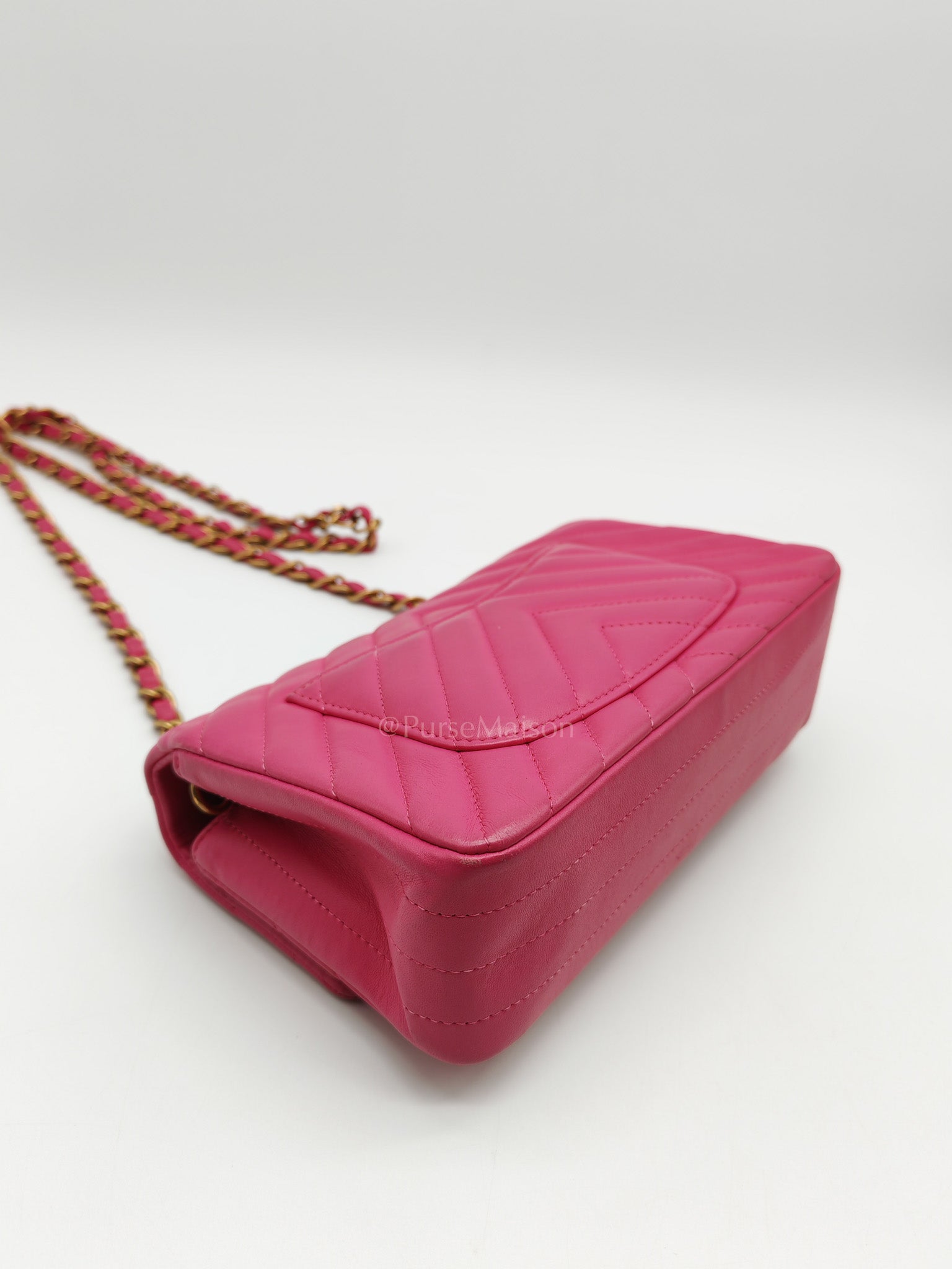Mini Rectangle in Pink Chevron Quilted Lambskin Leather in Gold Hardware (Series 21) | Purse Maison Luxury Bags Shop