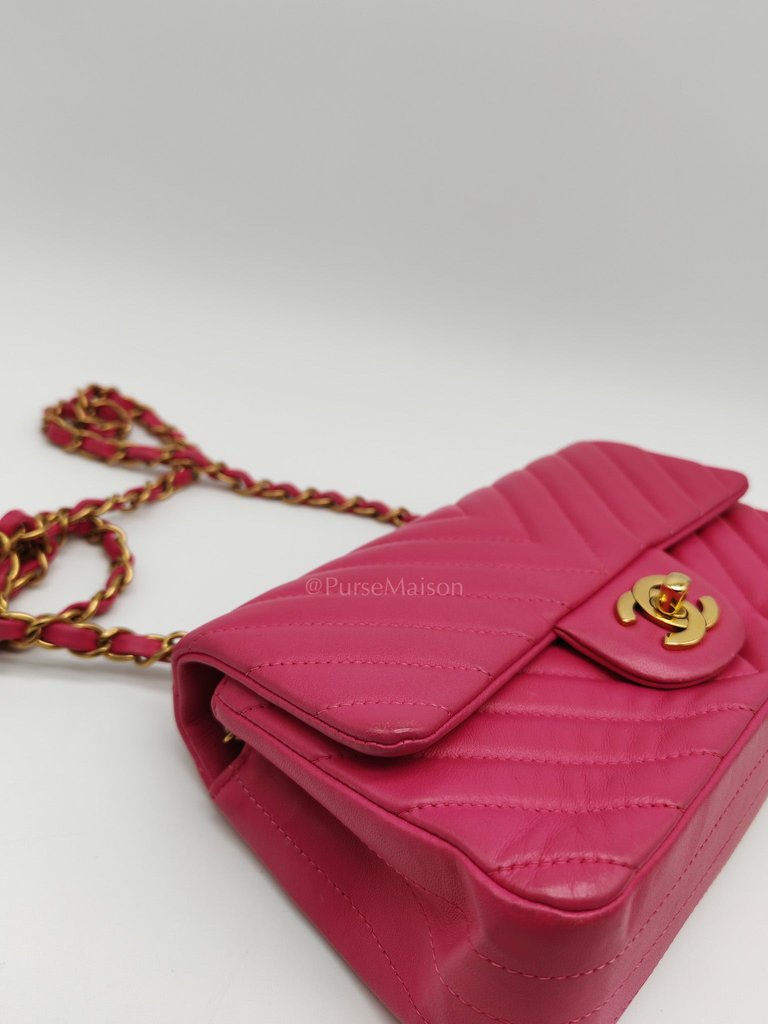 Mini Rectangle in Pink Chevron Quilted Lambskin Leather in Gold Hardware (Series 21) | Purse Maison Luxury Bags Shop