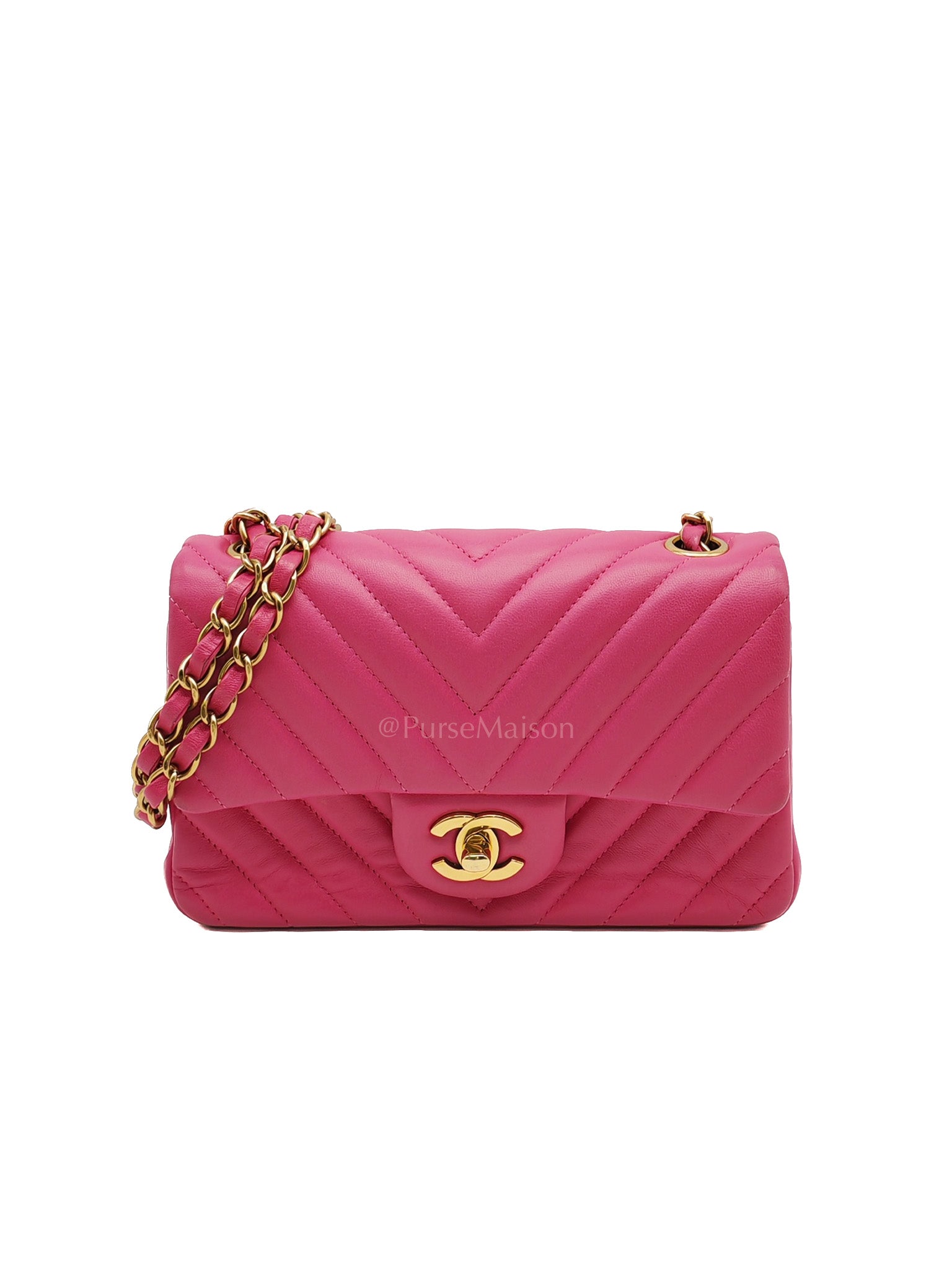 Mini Rectangle in Pink Chevron Quilted Lambskin Leather in Gold Hardware (Series 21) | Purse Maison Luxury Bags Shop