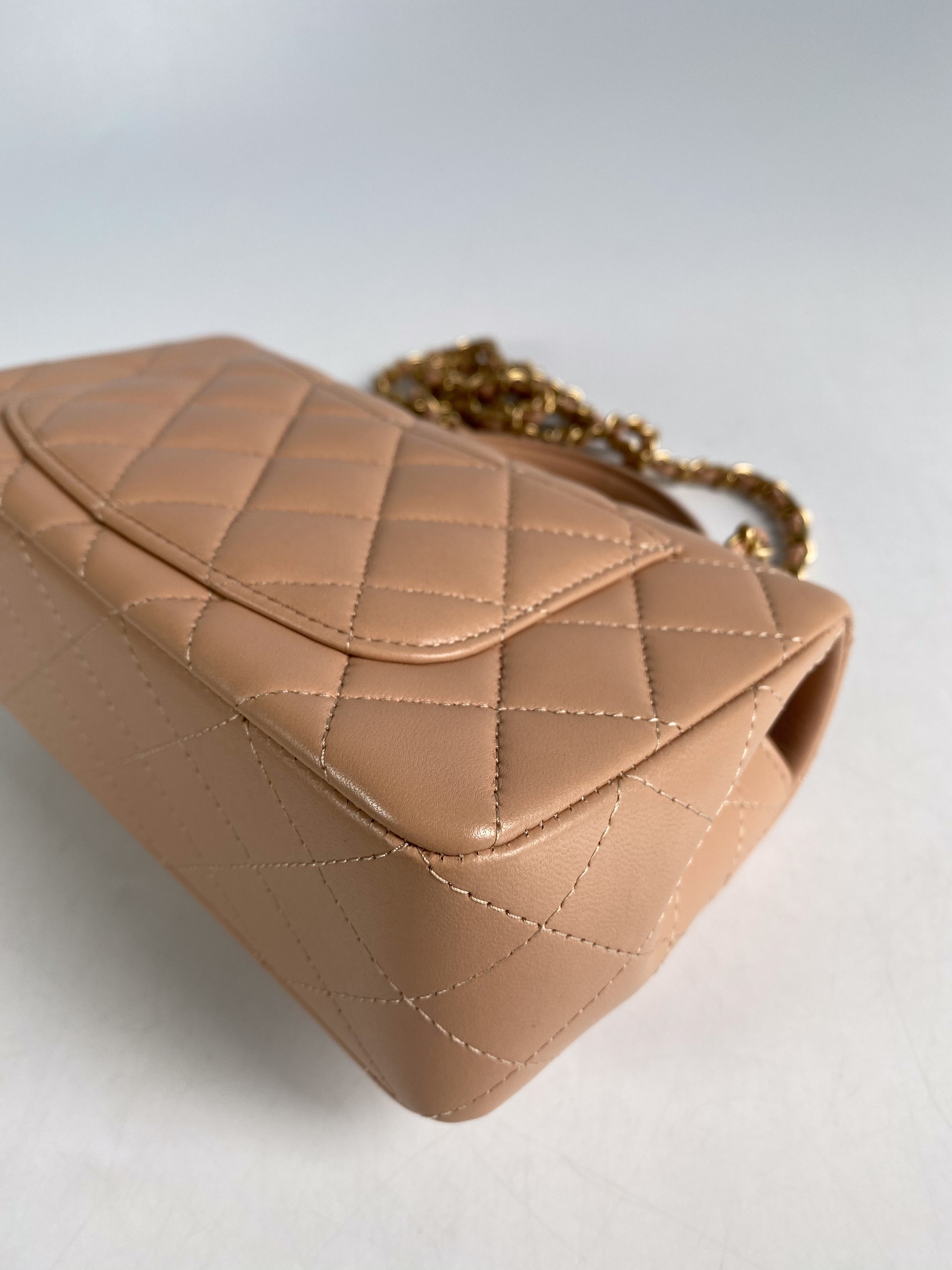 Chanel Mini Rectangle Top Handle 21A Beige Lambskin in Aged Gold Hardware (Microchip)