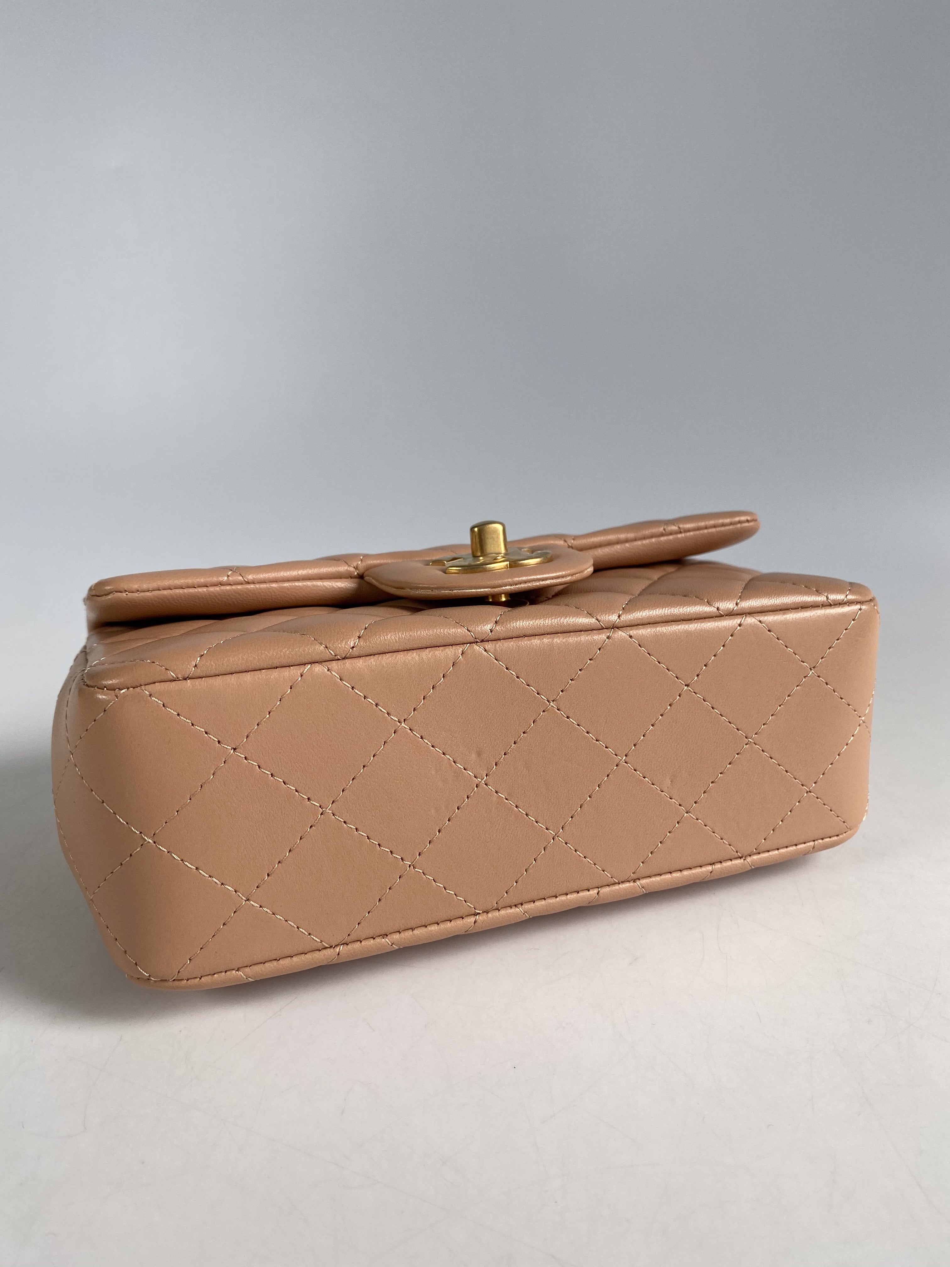 Chanel Mini Rectangle Top Handle 21A Beige Lambskin in Aged Gold Hardware (Microchip)