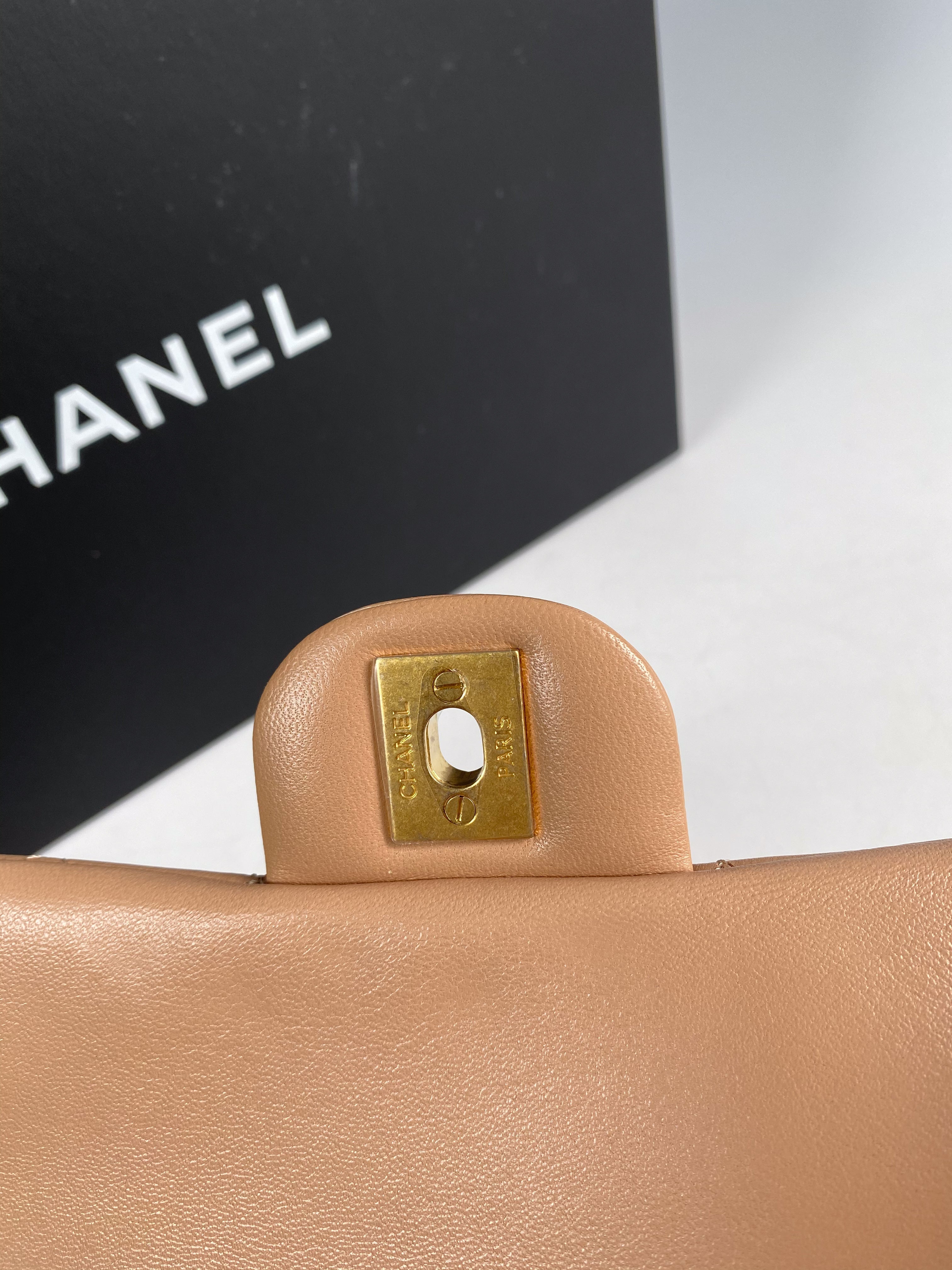 Chanel Mini Rectangle Top Handle 21A Beige Lambskin in Aged Gold Hardware (Microchip)