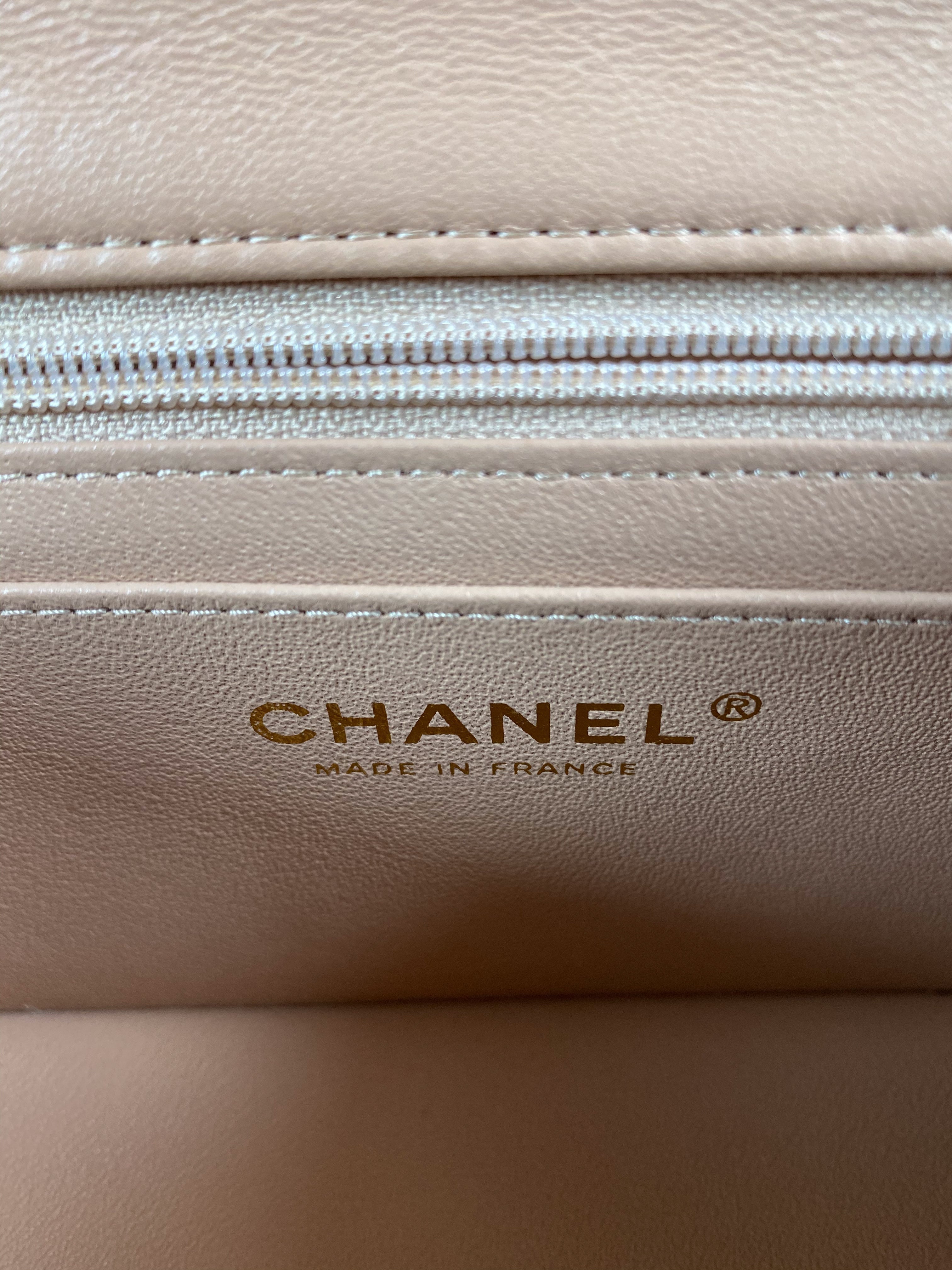 Chanel Mini Rectangle Top Handle 21A Beige Lambskin in Aged Gold Hardware (Microchip)