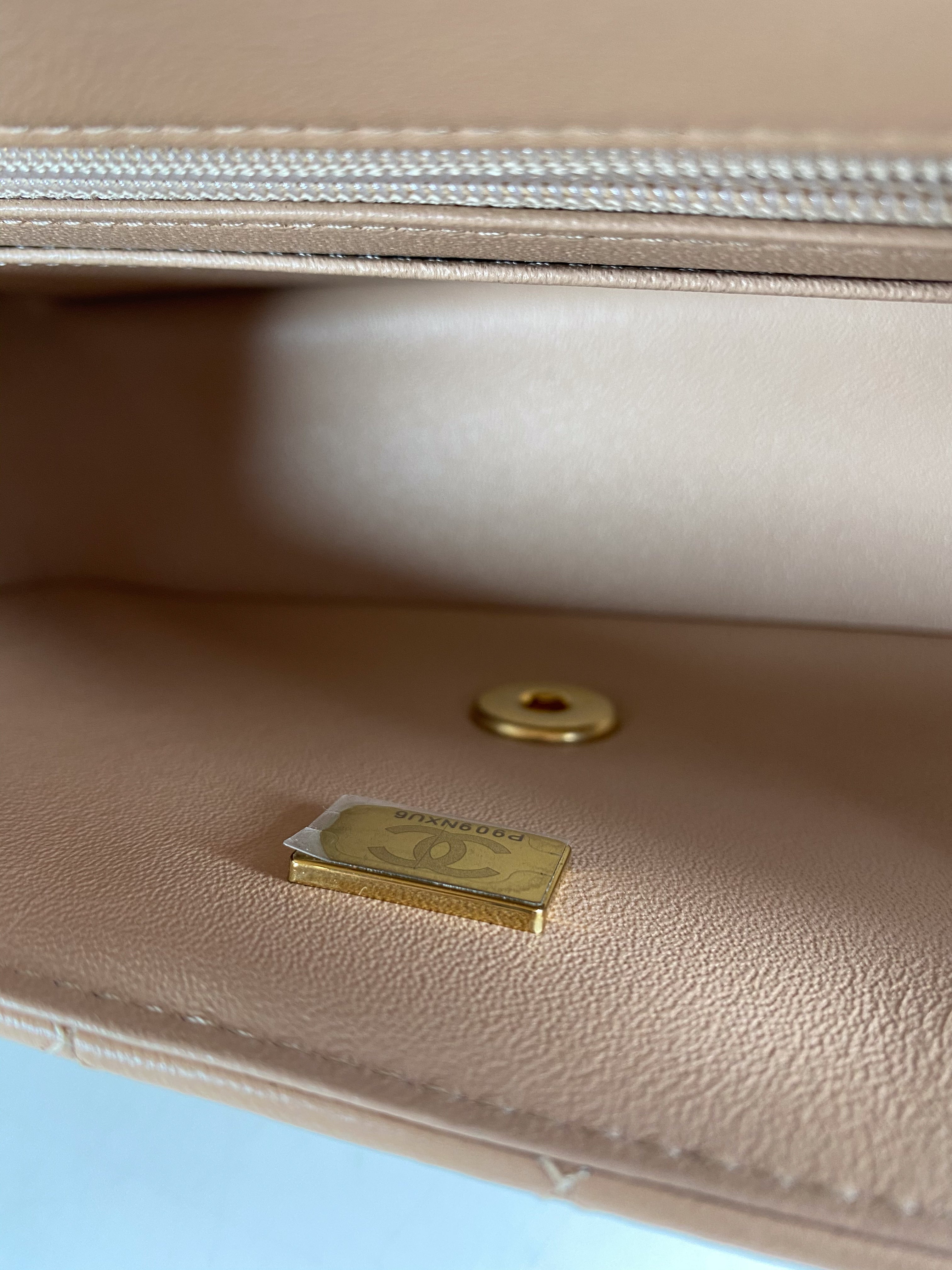 Chanel Mini Rectangle Top Handle 21A Beige Lambskin in Aged Gold Hardware (Microchip)
