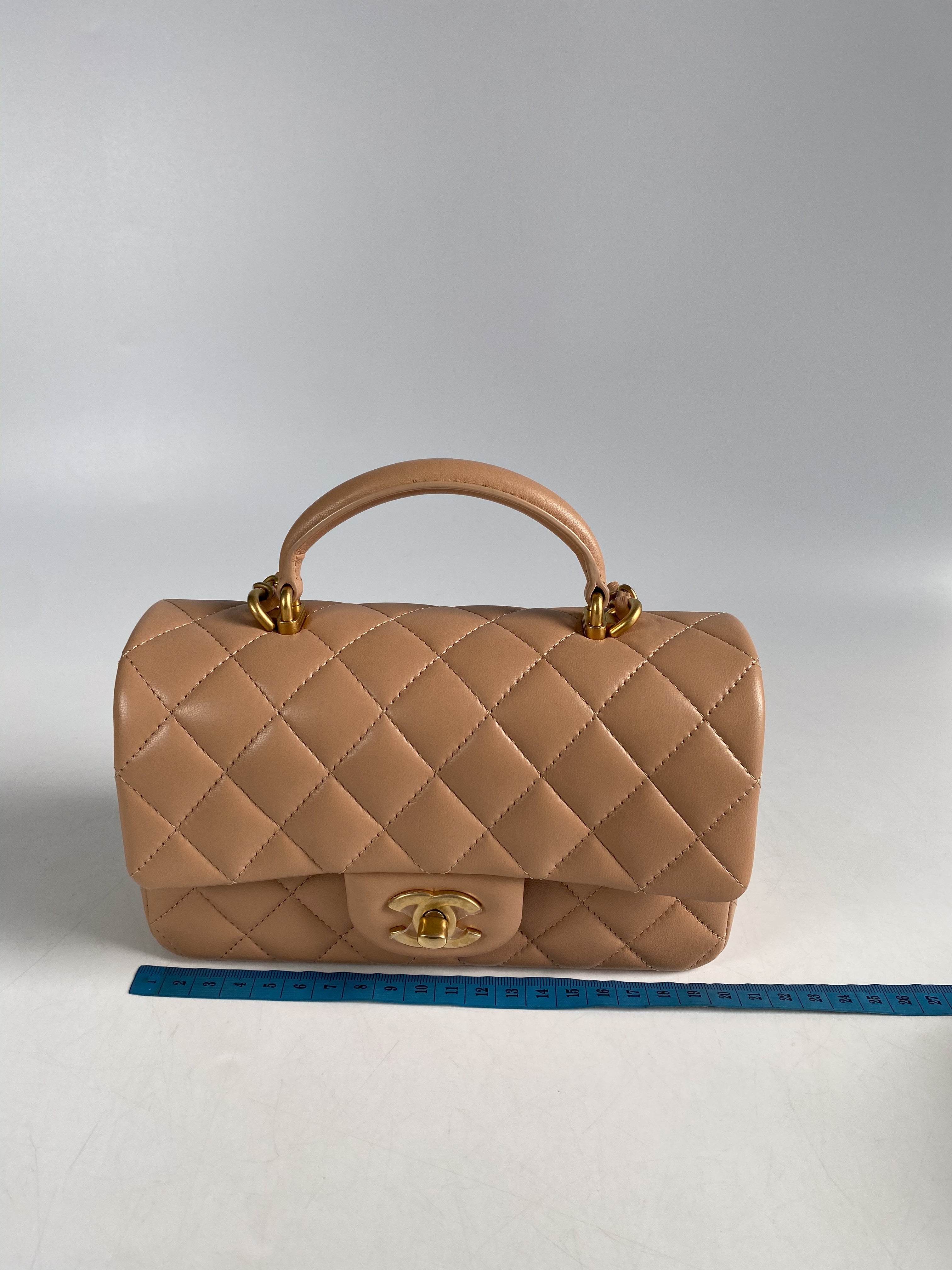 Chanel Mini Rectangle Top Handle 21A Beige Lambskin in Aged Gold Hardware (Microchip)