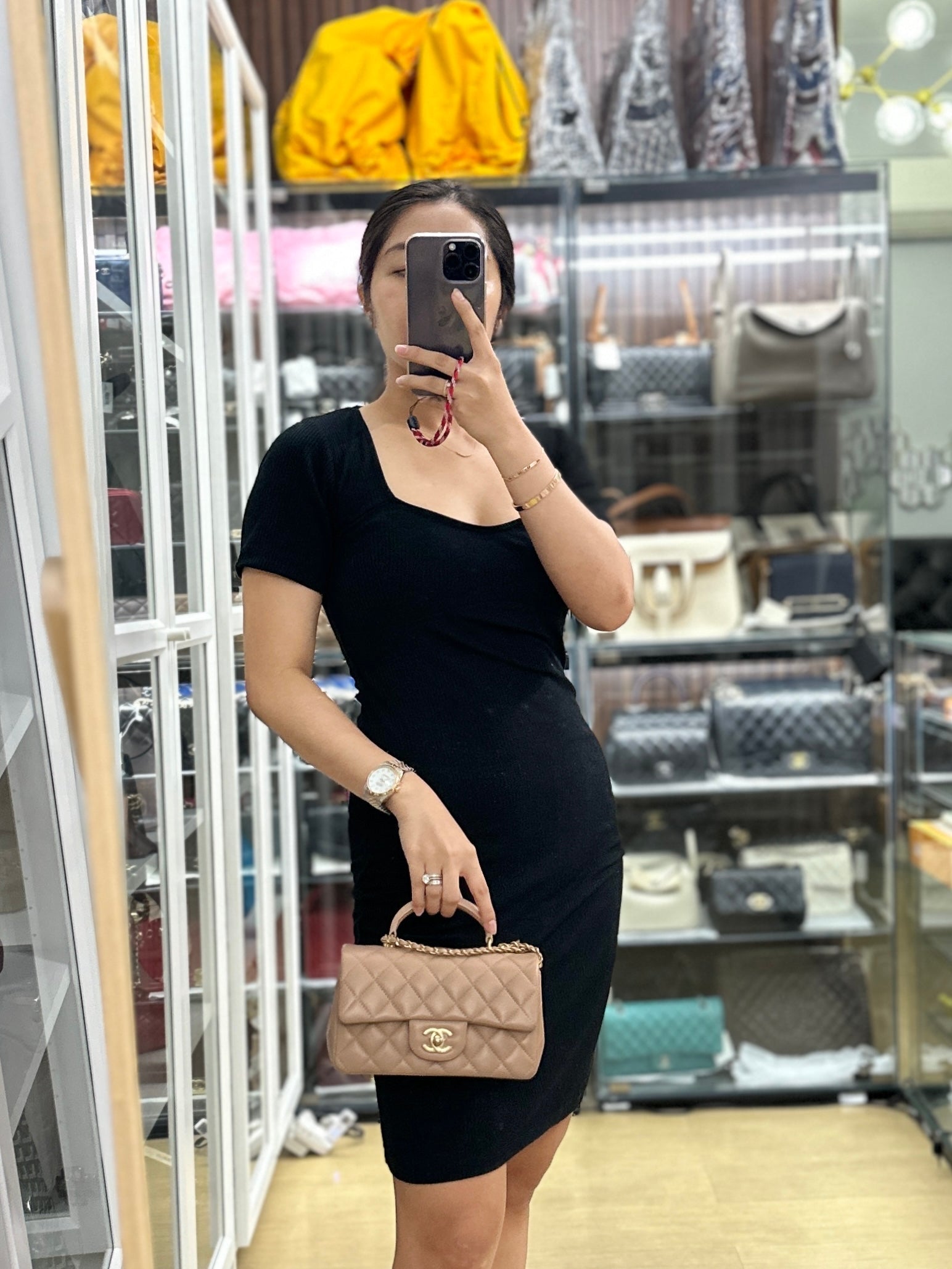 Chanel Mini Rectangle Top Handle 21A Beige Lambskin in Aged Gold Hardware (Microchip)