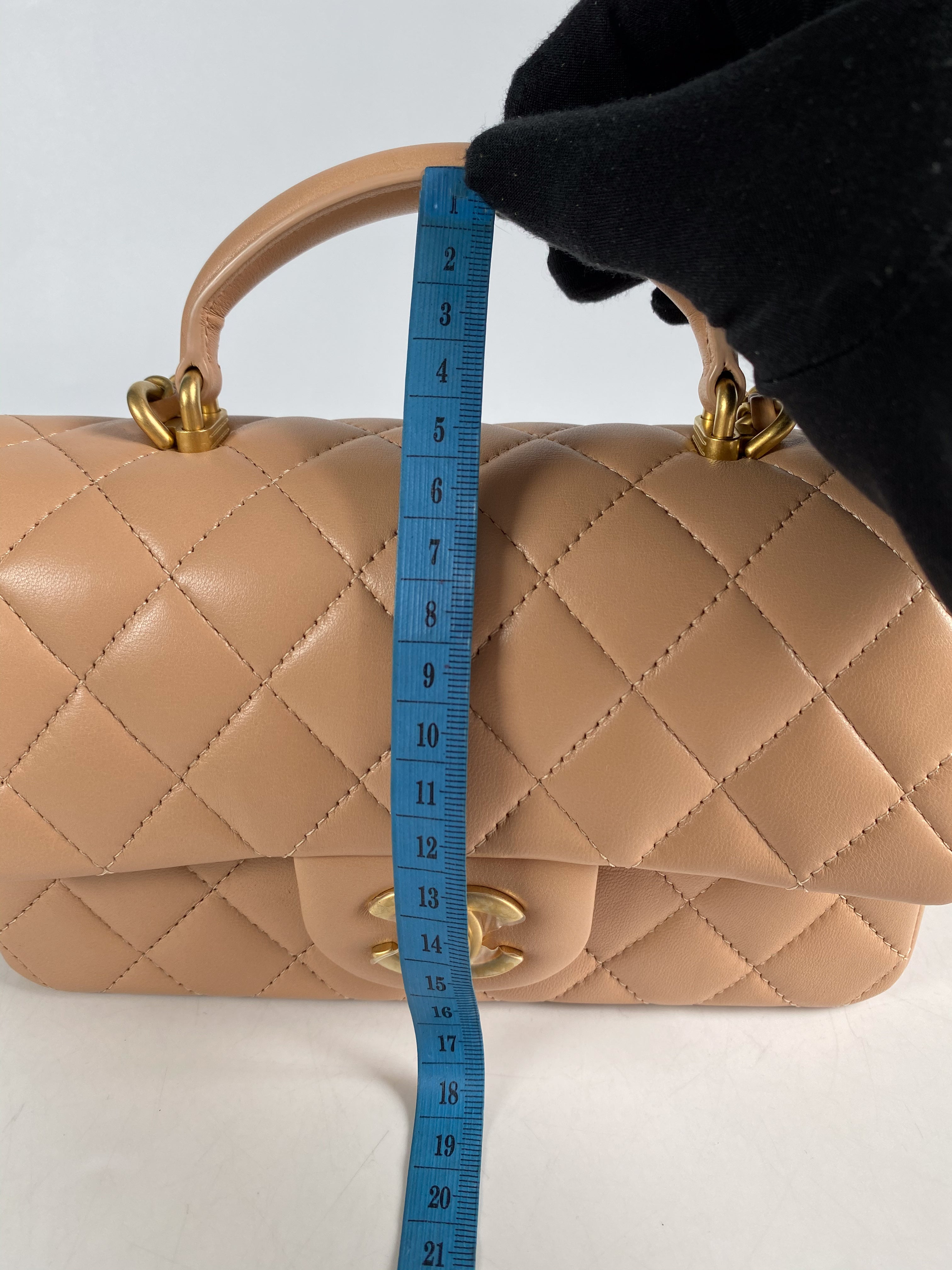 Chanel Mini Rectangle Top Handle 21A Beige Lambskin in Aged Gold Hardware (Microchip)