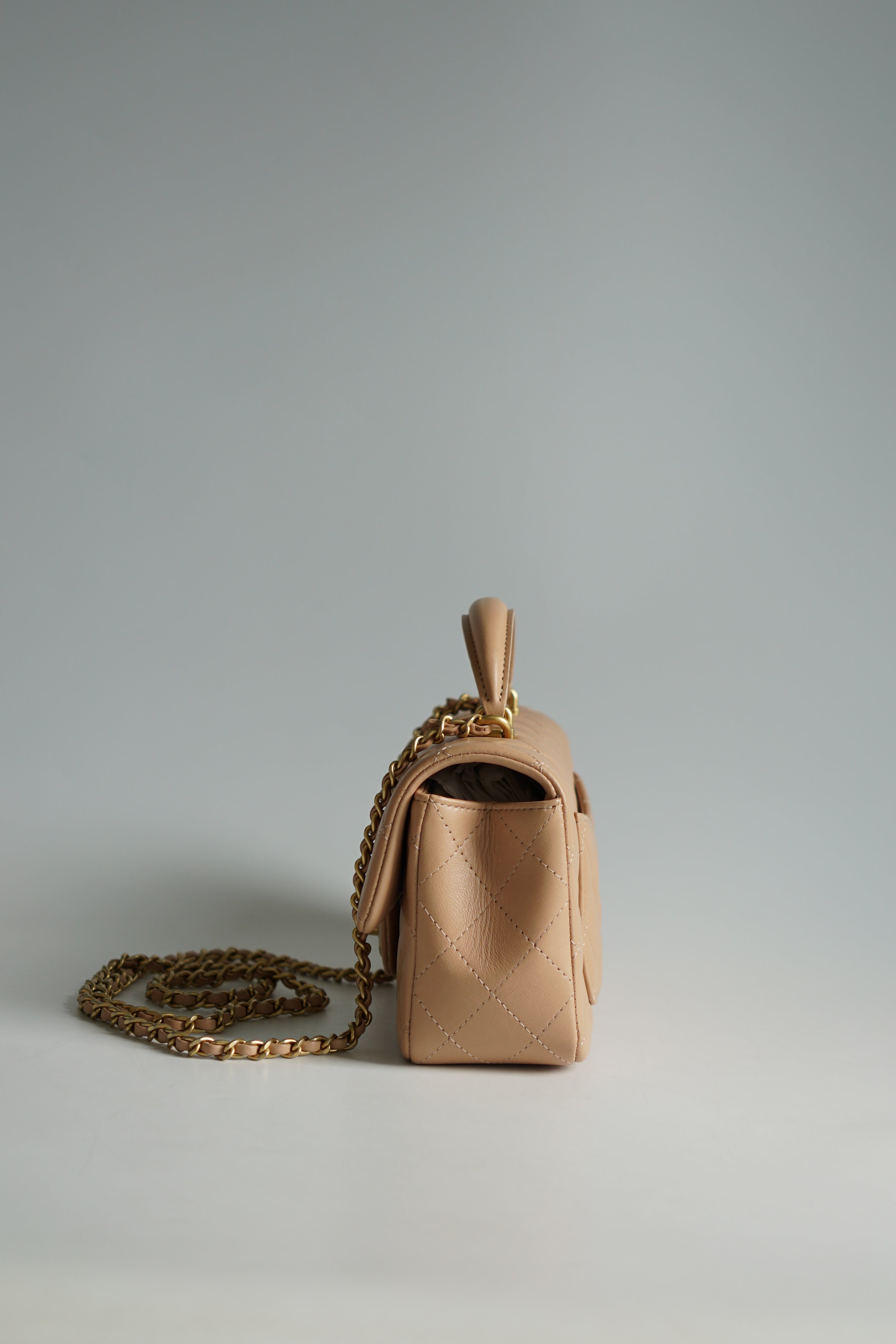 Chanel Mini Rectangle Top Handle 21A Beige Lambskin in Aged Gold Hardware (Microchip)