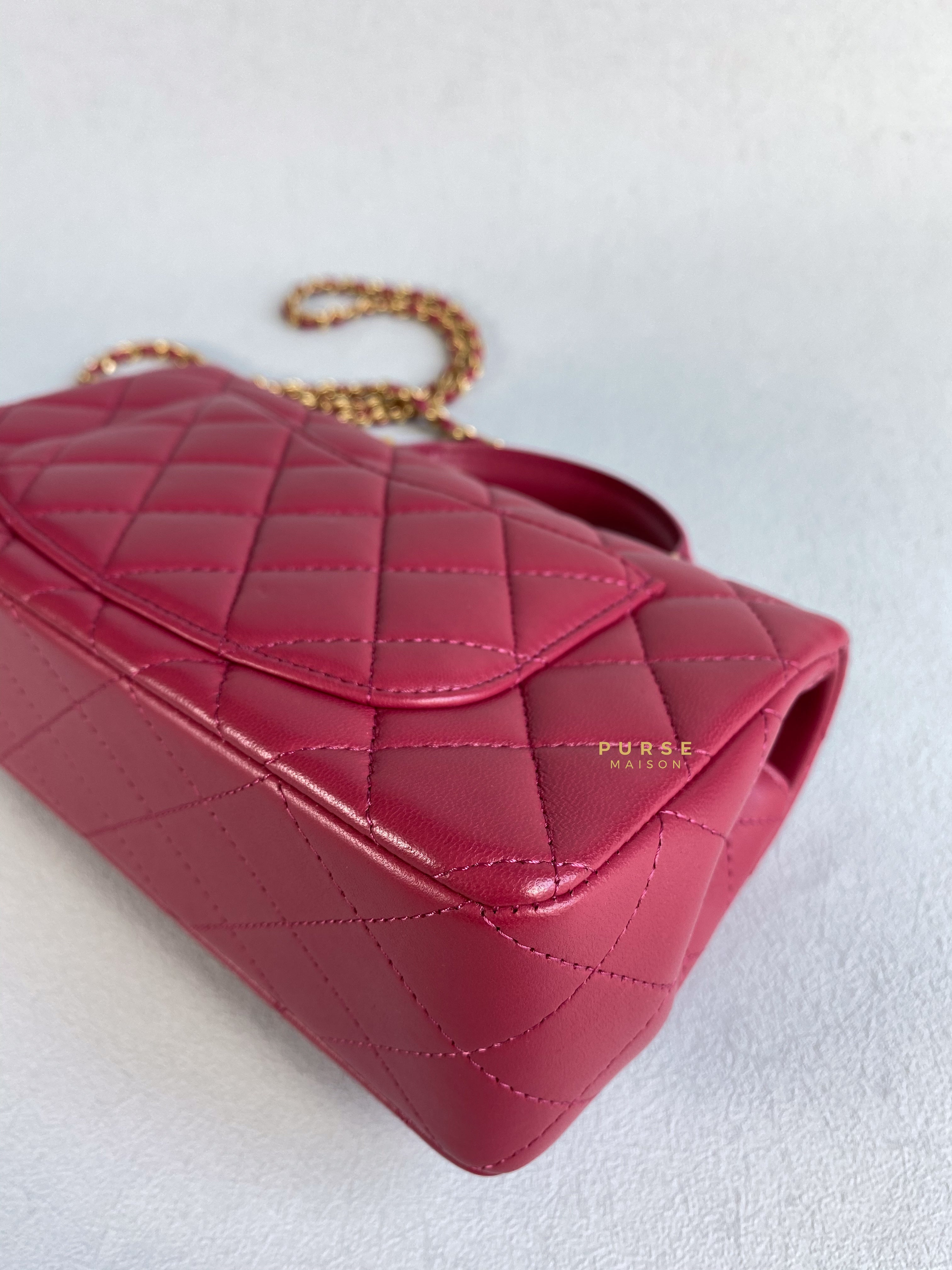 Chanel Mini Rectangle Top Handle 21A Dark Pink Lambskin in Aged Gold Hardware (Microchip) | Purse Maison Luxury Bags Shop