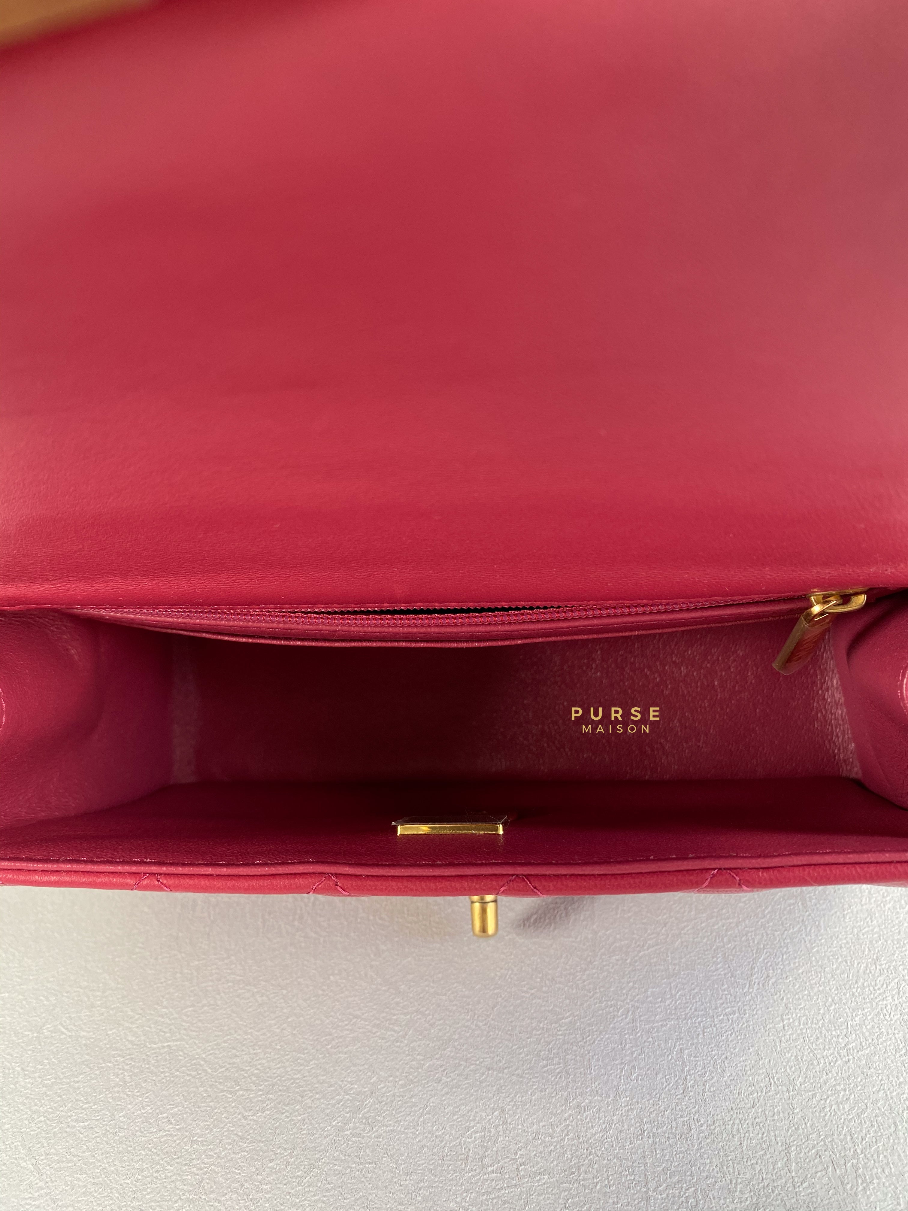 Chanel Mini Rectangle Top Handle 21A Dark Pink Lambskin in Aged Gold Hardware (Microchip) | Purse Maison Luxury Bags Shop