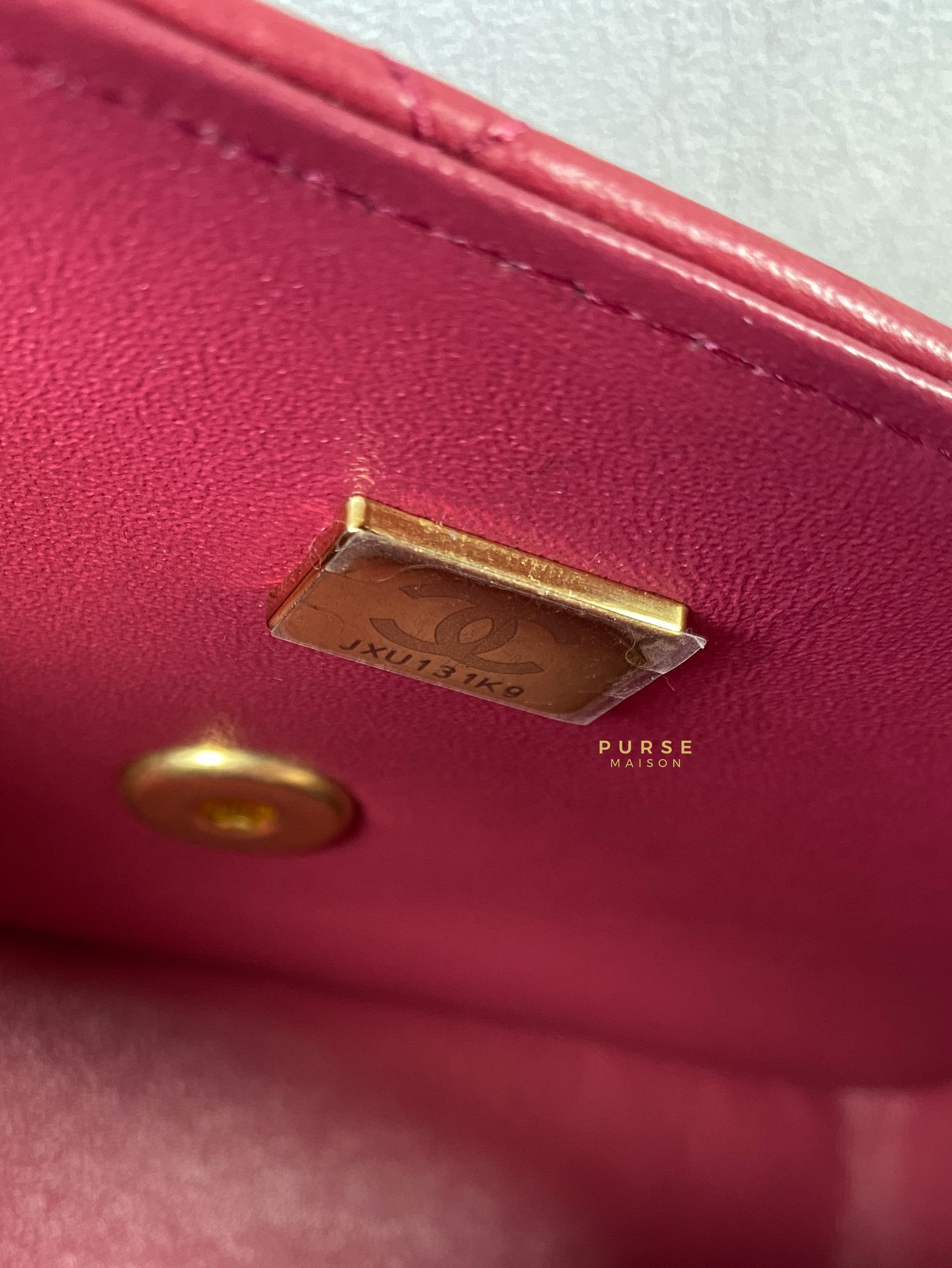 Chanel Mini Rectangle Top Handle 21A Dark Pink Lambskin in Aged Gold Hardware (Microchip) | Purse Maison Luxury Bags Shop