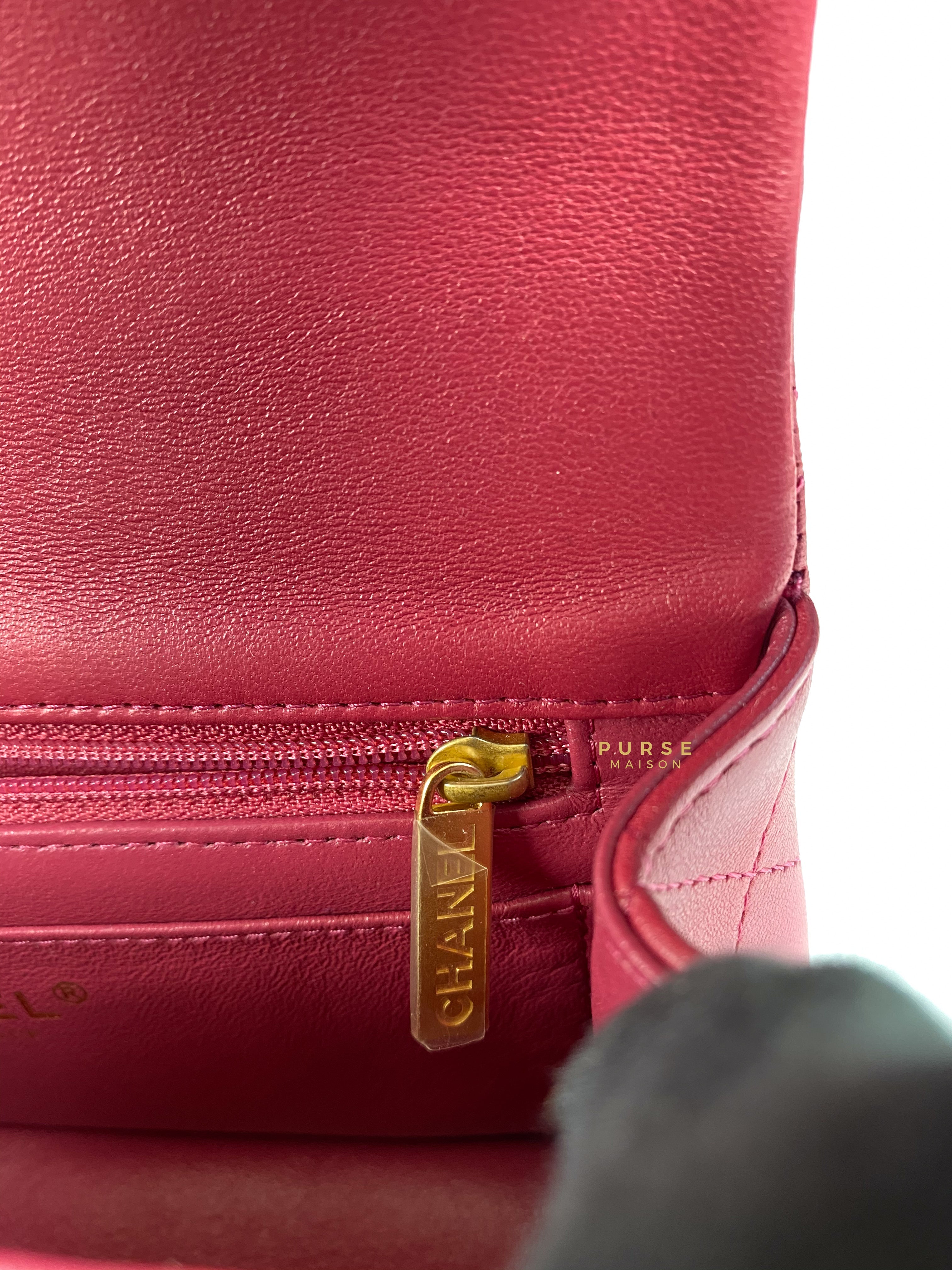 Chanel Mini Rectangle Top Handle 21A Dark Pink Lambskin in Aged Gold Hardware (Microchip) | Purse Maison Luxury Bags Shop