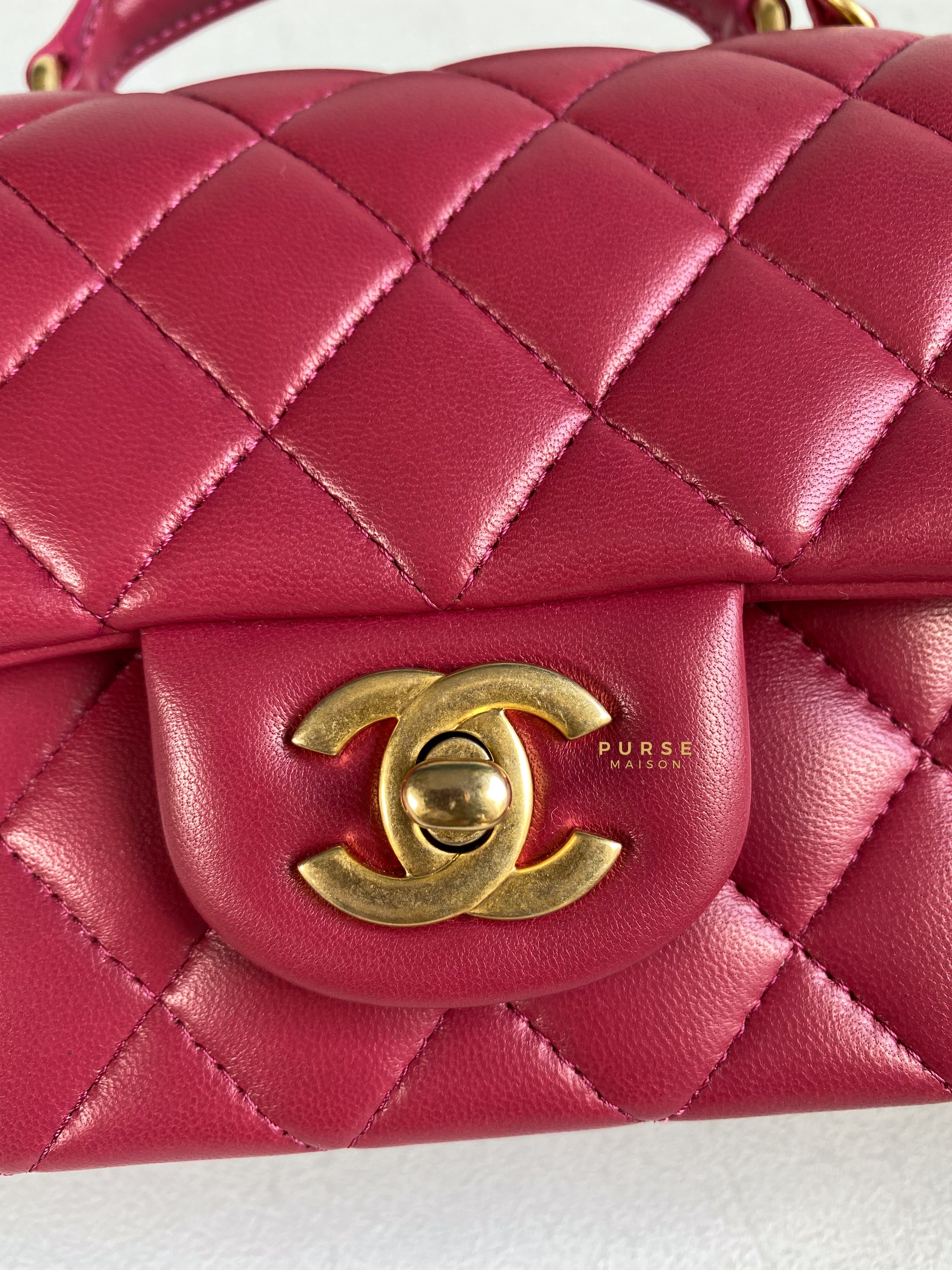 Chanel Mini Rectangle Top Handle 21A Dark Pink Lambskin in Aged Gold Hardware (Microchip) | Purse Maison Luxury Bags Shop