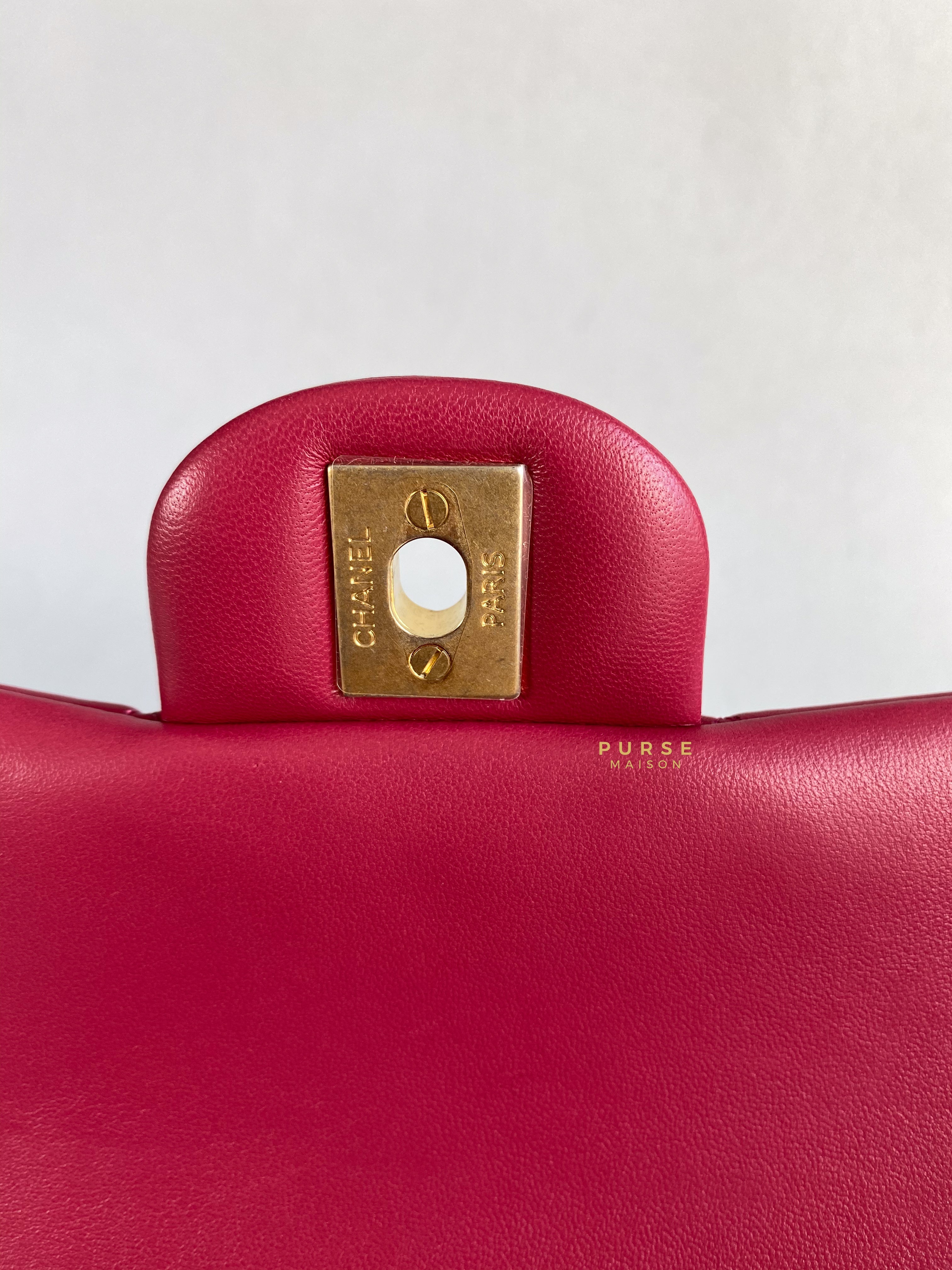 Chanel Mini Rectangle Top Handle 21A Dark Pink Lambskin in Aged Gold Hardware (Microchip) | Purse Maison Luxury Bags Shop