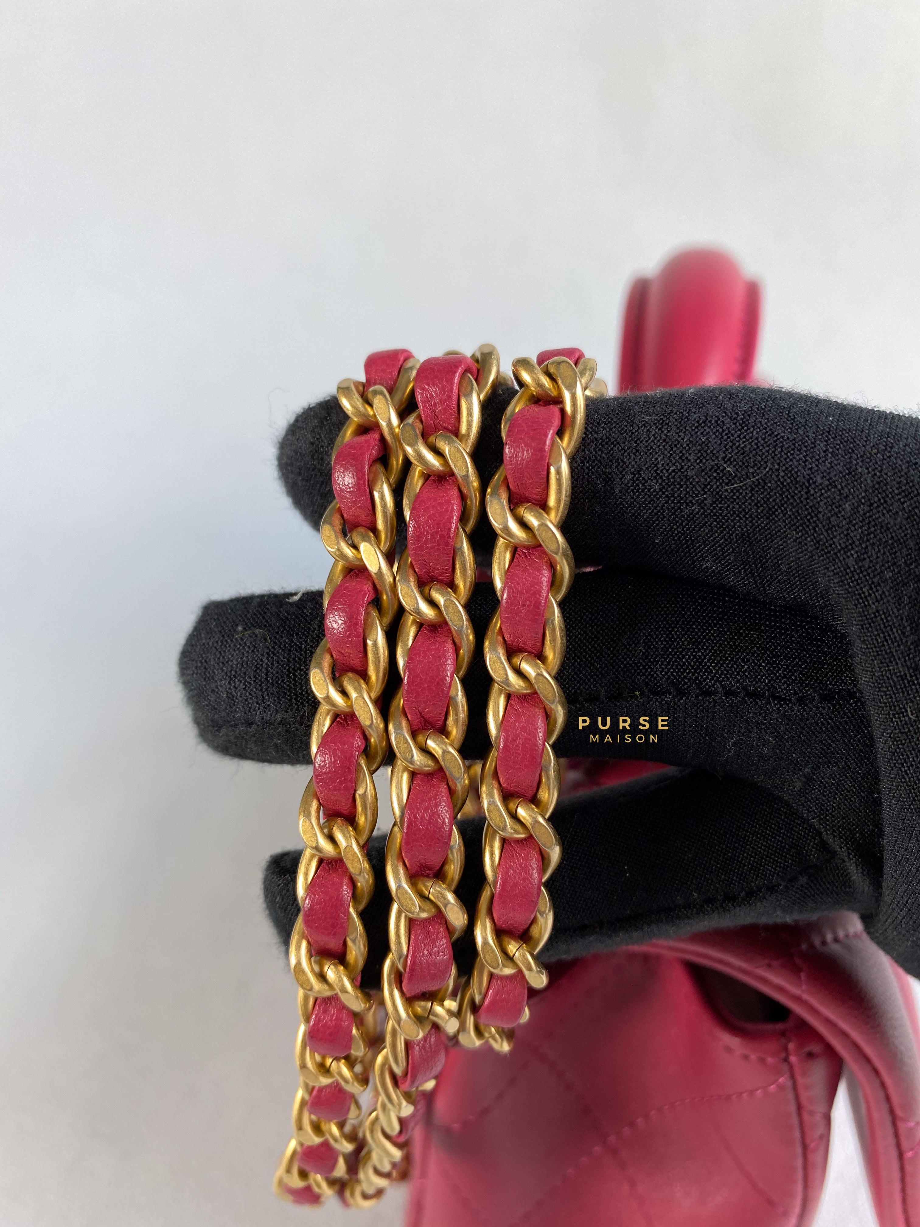 Chanel Mini Rectangle Top Handle 21A Dark Pink Lambskin in Aged Gold Hardware (Microchip) | Purse Maison Luxury Bags Shop