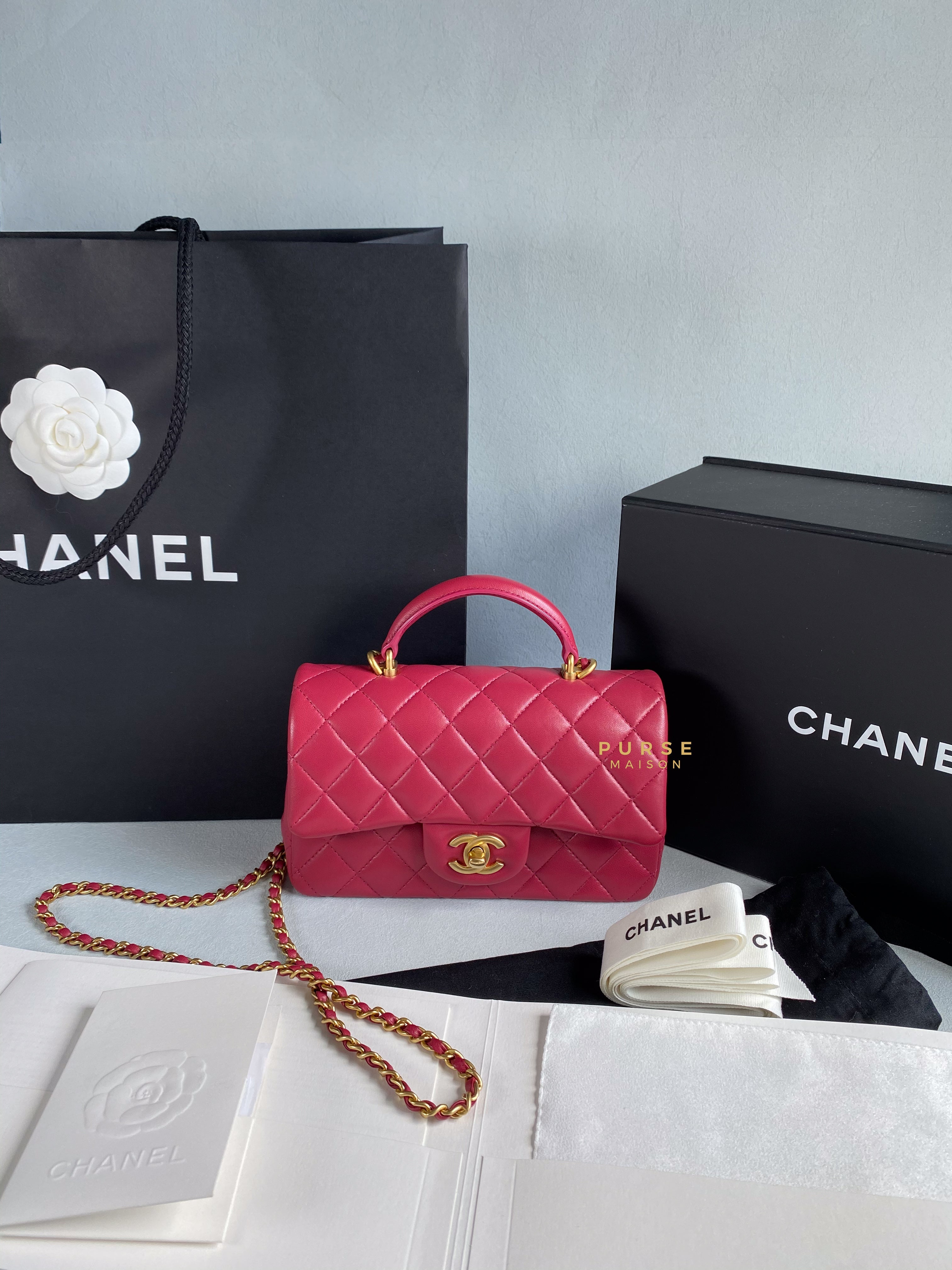 Chanel Mini Rectangle Top Handle 21A Dark Pink Lambskin in Aged Gold Hardware (Microchip) | Purse Maison Luxury Bags Shop