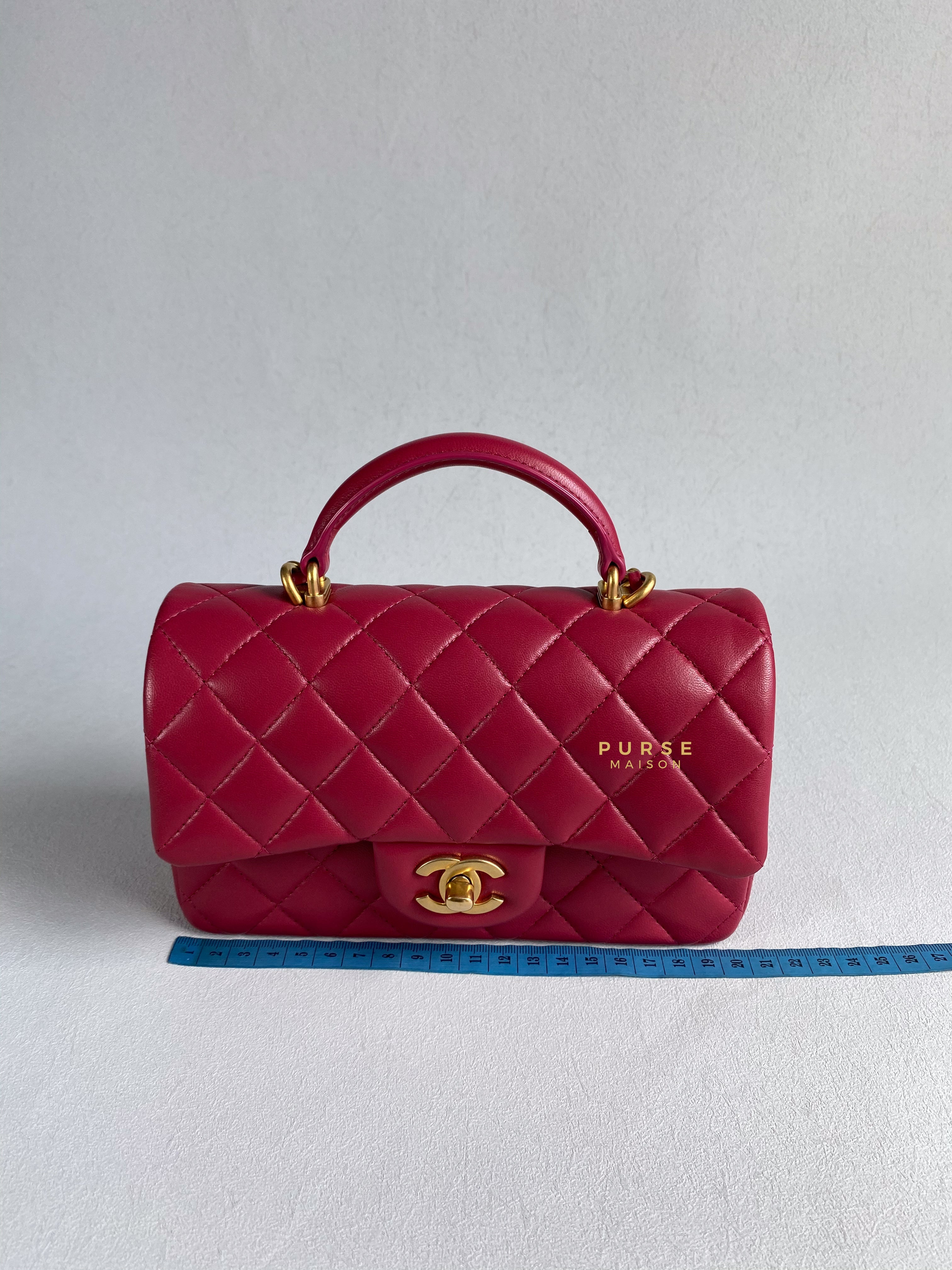 Chanel Mini Rectangle Top Handle 21A Dark Pink Lambskin in Aged Gold Hardware (Microchip) | Purse Maison Luxury Bags Shop