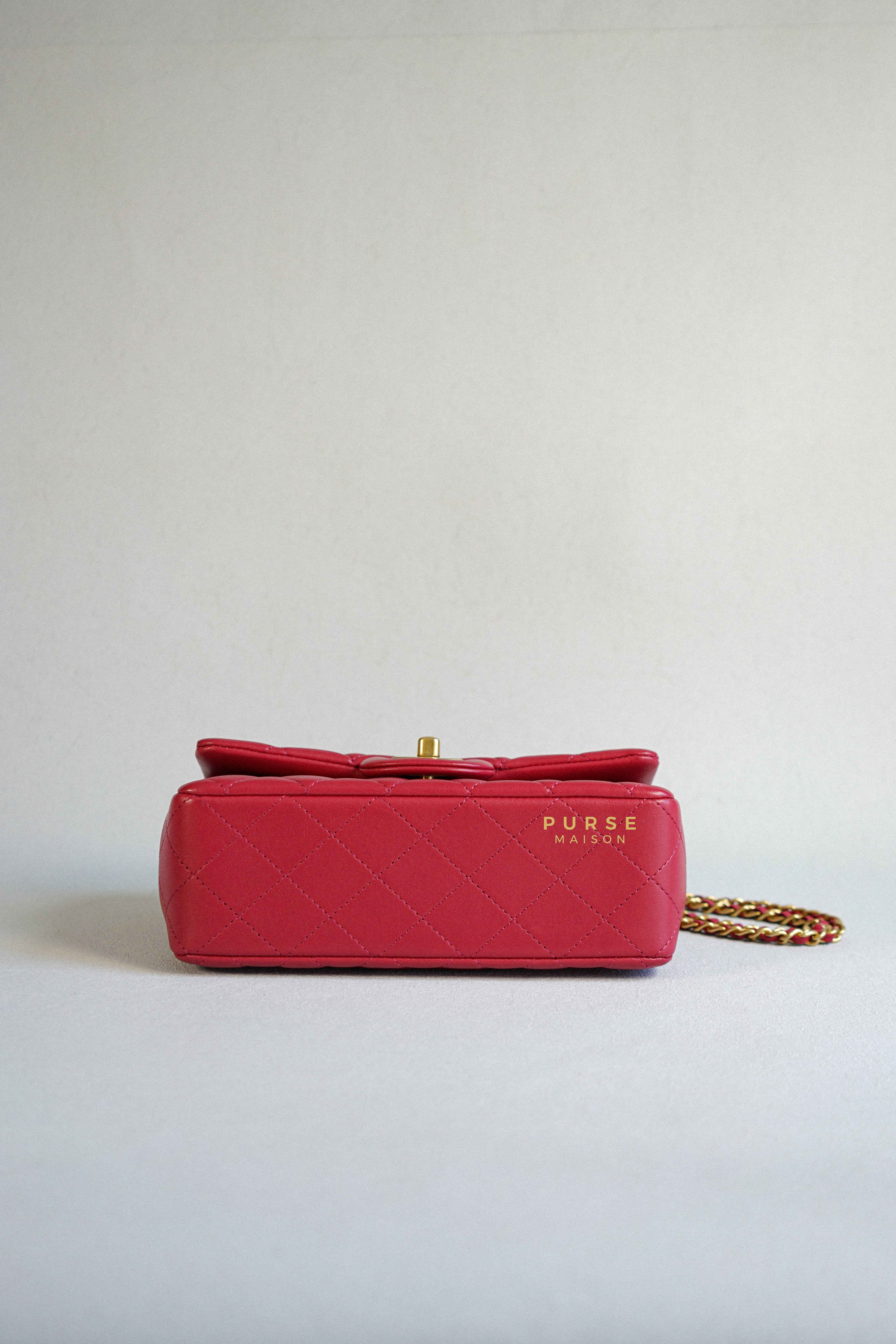 Chanel Mini Rectangle Top Handle 21A Dark Pink Lambskin in Aged Gold Hardware (Microchip) | Purse Maison Luxury Bags Shop