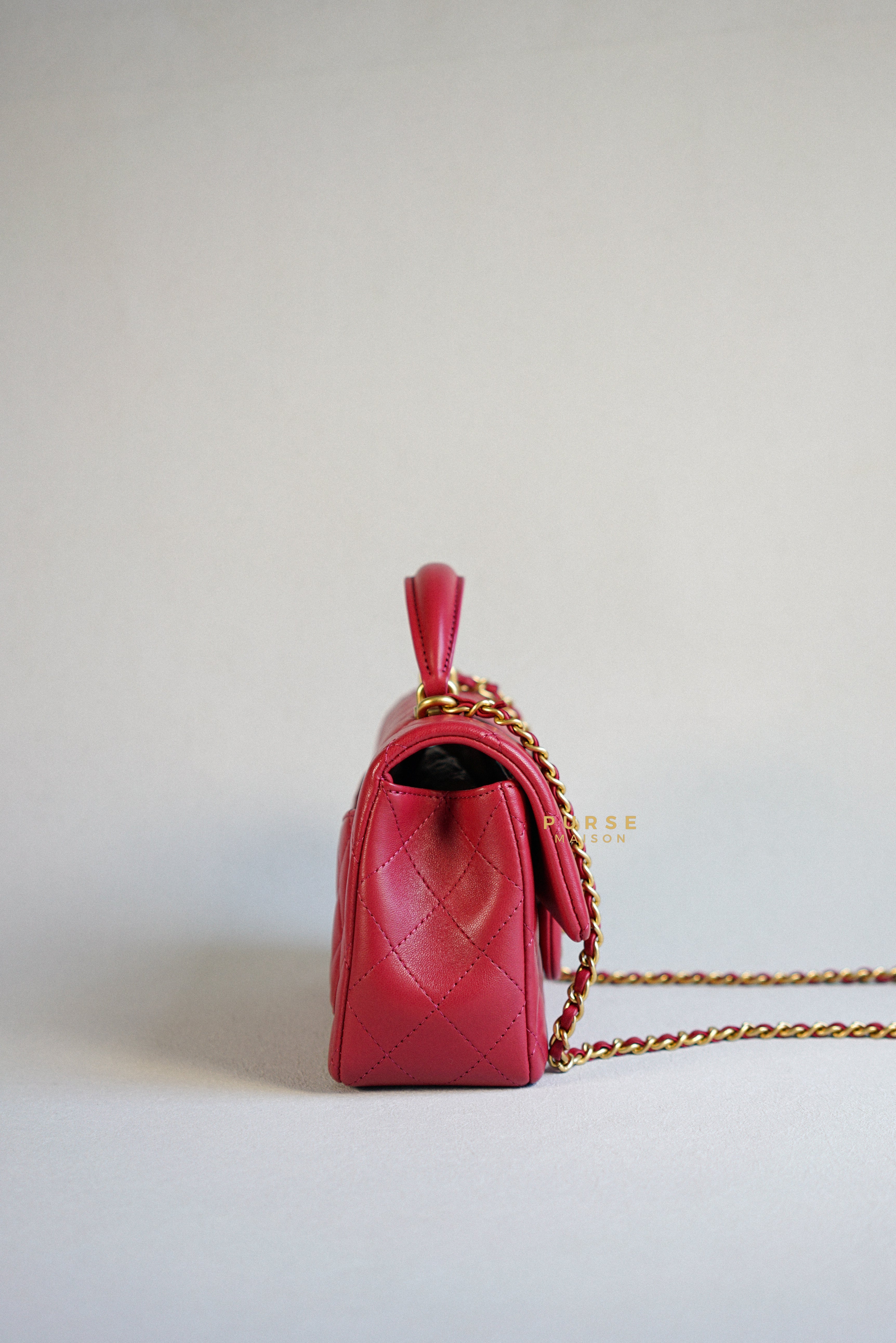 Chanel Mini Rectangle Top Handle 21A Dark Pink Lambskin in Aged Gold Hardware (Microchip) | Purse Maison Luxury Bags Shop