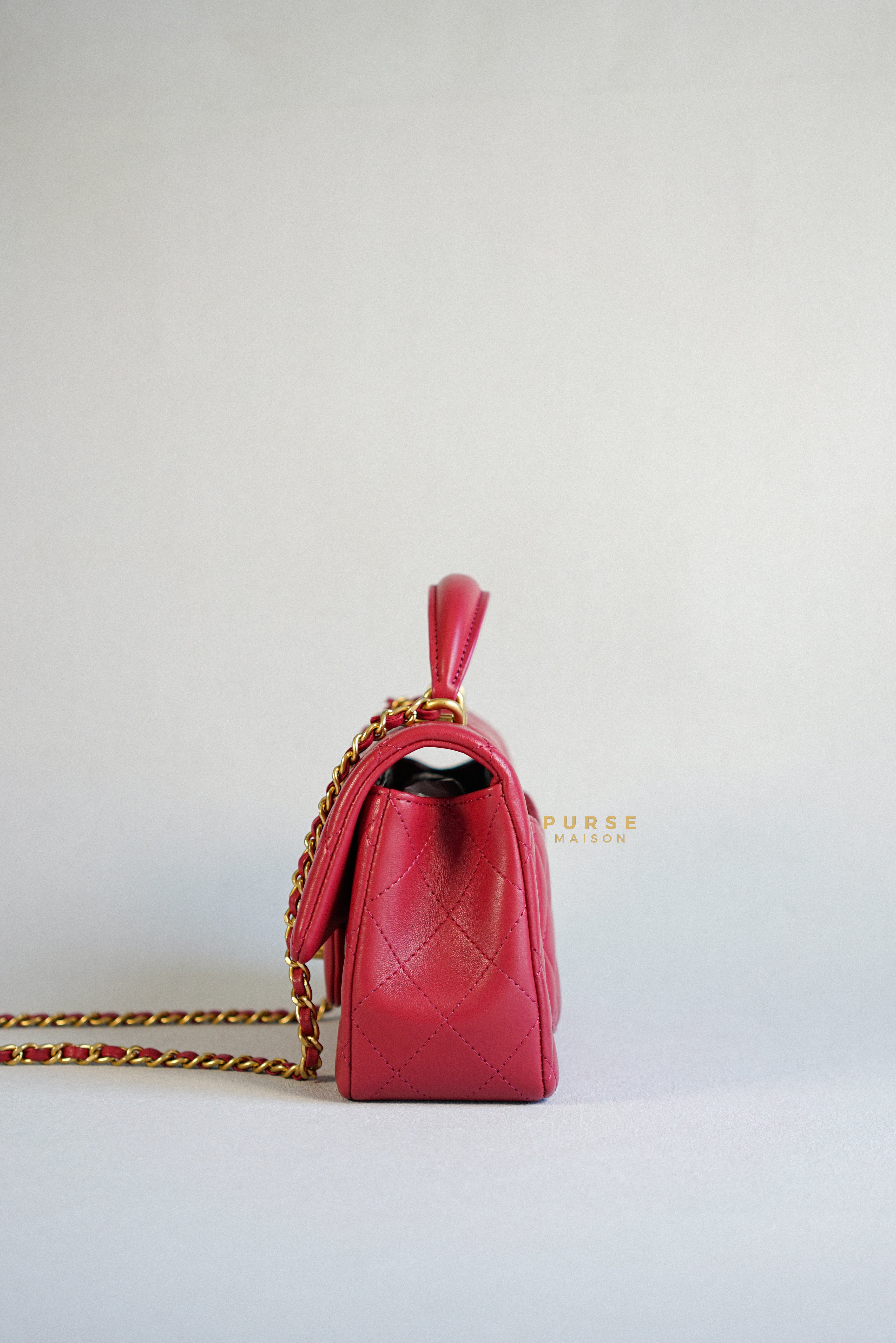 Chanel Mini Rectangle Top Handle 21A Dark Pink Lambskin in Aged Gold Hardware (Microchip) | Purse Maison Luxury Bags Shop