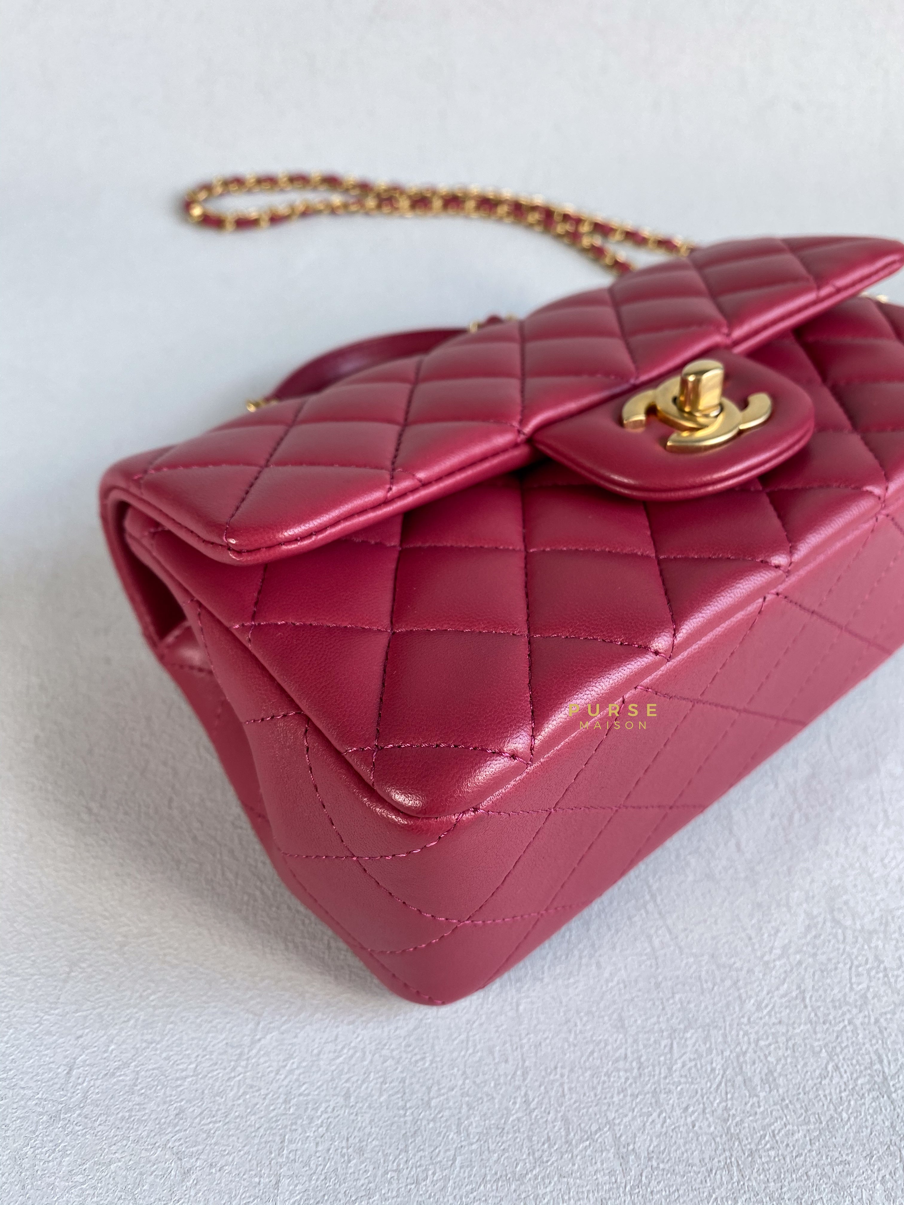 Chanel Mini Rectangle Top Handle 21A Dark Pink Lambskin in Aged Gold Hardware (Microchip) | Purse Maison Luxury Bags Shop