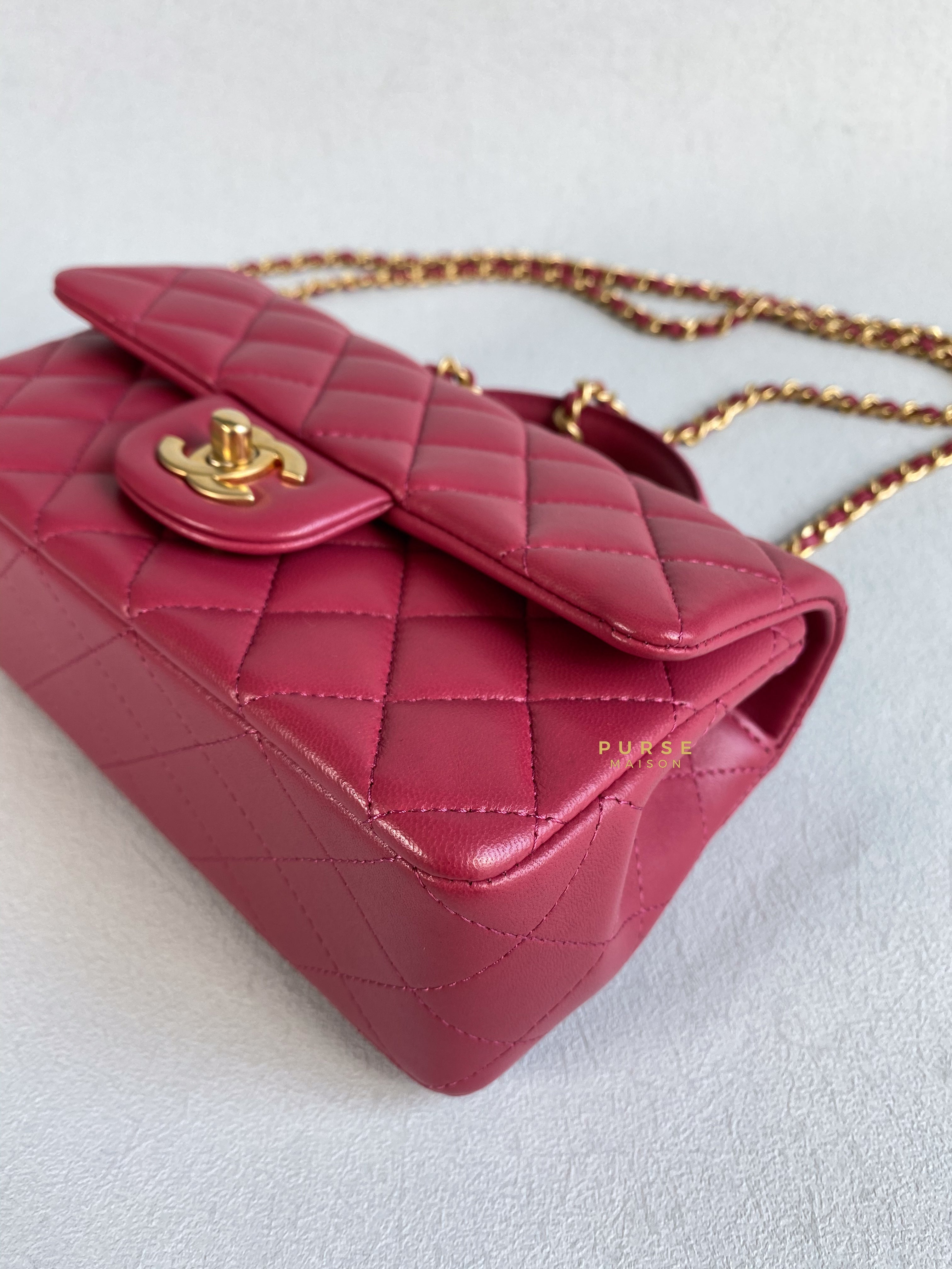Chanel Mini Rectangle Top Handle 21A Dark Pink Lambskin in Aged Gold Hardware (Microchip) | Purse Maison Luxury Bags Shop