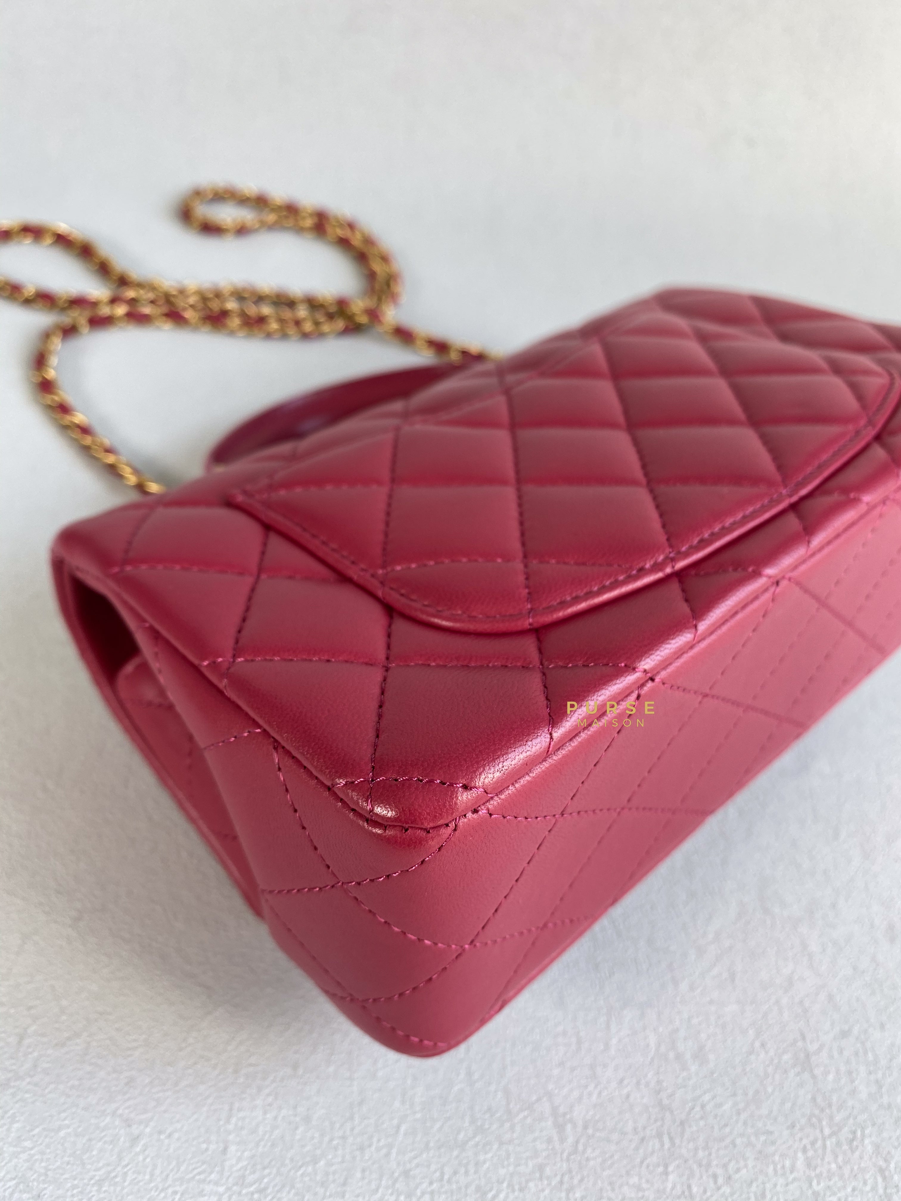 Chanel Mini Rectangle Top Handle 21A Dark Pink Lambskin in Aged Gold Hardware (Microchip) | Purse Maison Luxury Bags Shop