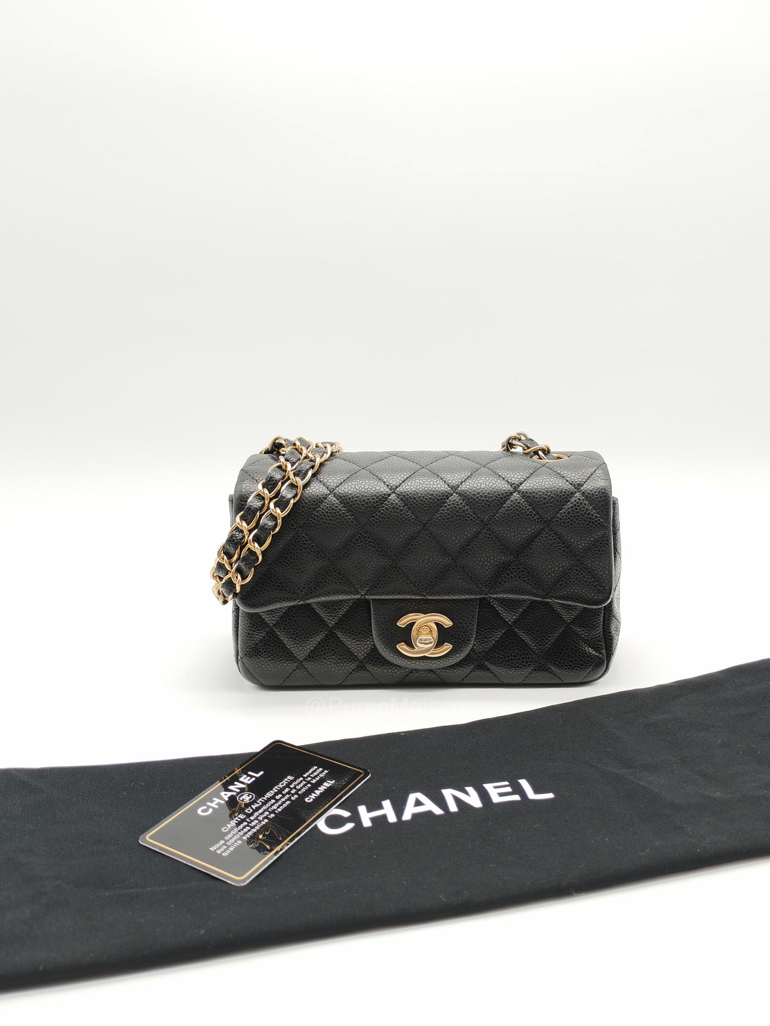 Chanel Mini Rectangular Classic Flap Bag in Black Quilted Caviar Leather and Gold Hardware Series 20 | Purse Maison Luxury Bags Shop