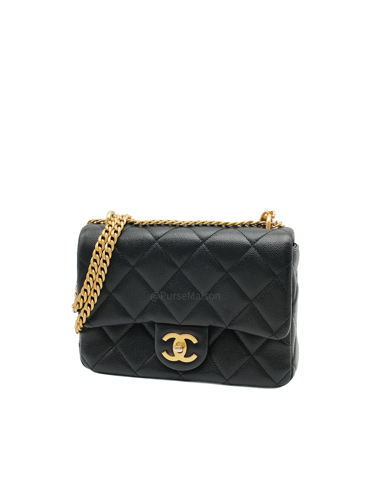 Chanel Mini Rectangular Flap Bag in Black Quilted Caviar Leather and Aged Gold Hardware Microchip | Purse Maison Luxury Bags Shop