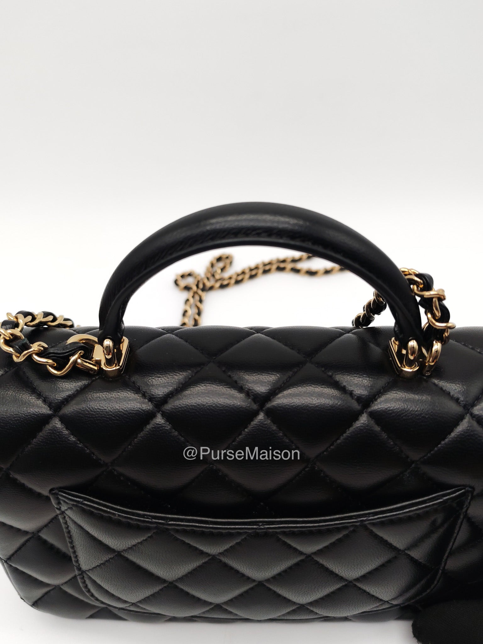 Chanel Mini Rectangular Top Handle Flap Bag in Black Lambskin Leather Light Gold Hardware (Microchip) | Purse Maison Luxury Bags Shop