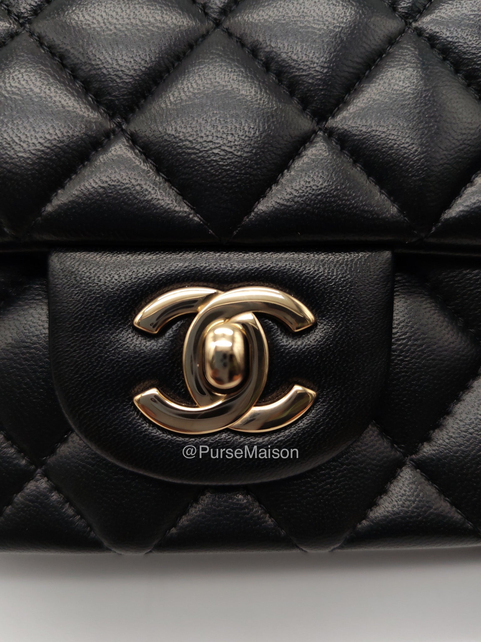 Chanel Mini Rectangular Top Handle Flap Bag in Black Lambskin Leather Light Gold Hardware (Microchip) | Purse Maison Luxury Bags Shop