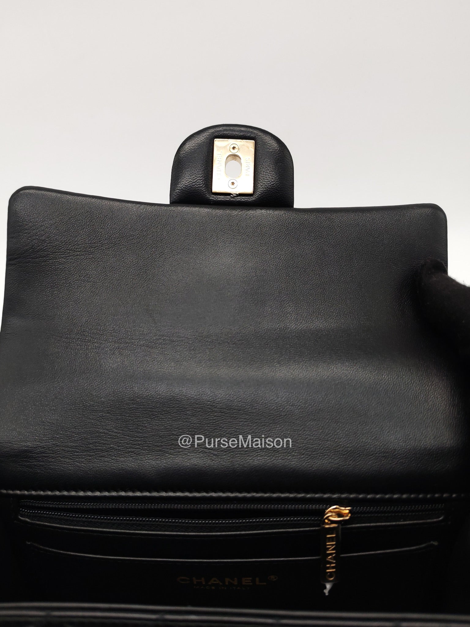 Chanel Mini Rectangular Top Handle Flap Bag in Black Lambskin Leather Light Gold Hardware (Microchip) | Purse Maison Luxury Bags Shop