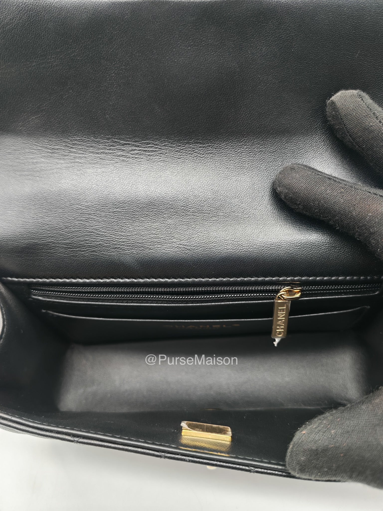 Chanel Mini Rectangular Top Handle Flap Bag in Black Lambskin Leather Light Gold Hardware (Microchip) | Purse Maison Luxury Bags Shop