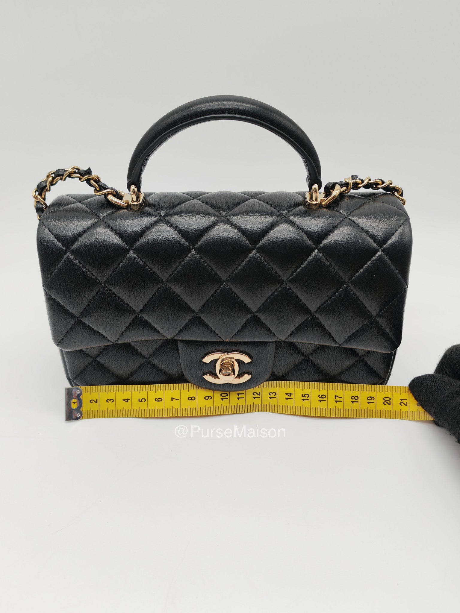 Chanel Mini Rectangular Top Handle Flap Bag in Black Lambskin Leather Light Gold Hardware (Microchip) | Purse Maison Luxury Bags Shop