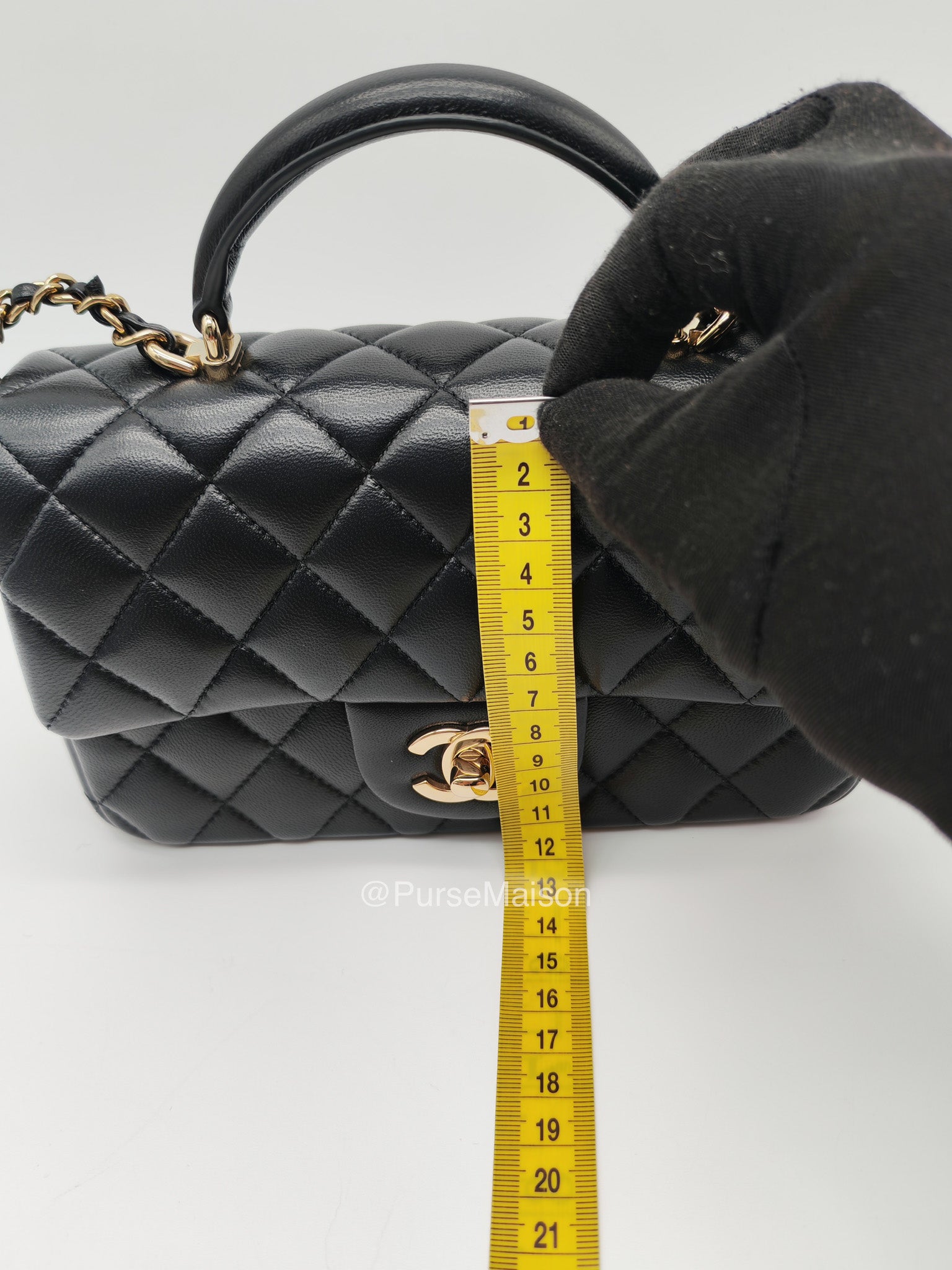 Chanel Mini Rectangular Top Handle Flap Bag in Black Lambskin Leather Light Gold Hardware (Microchip) | Purse Maison Luxury Bags Shop