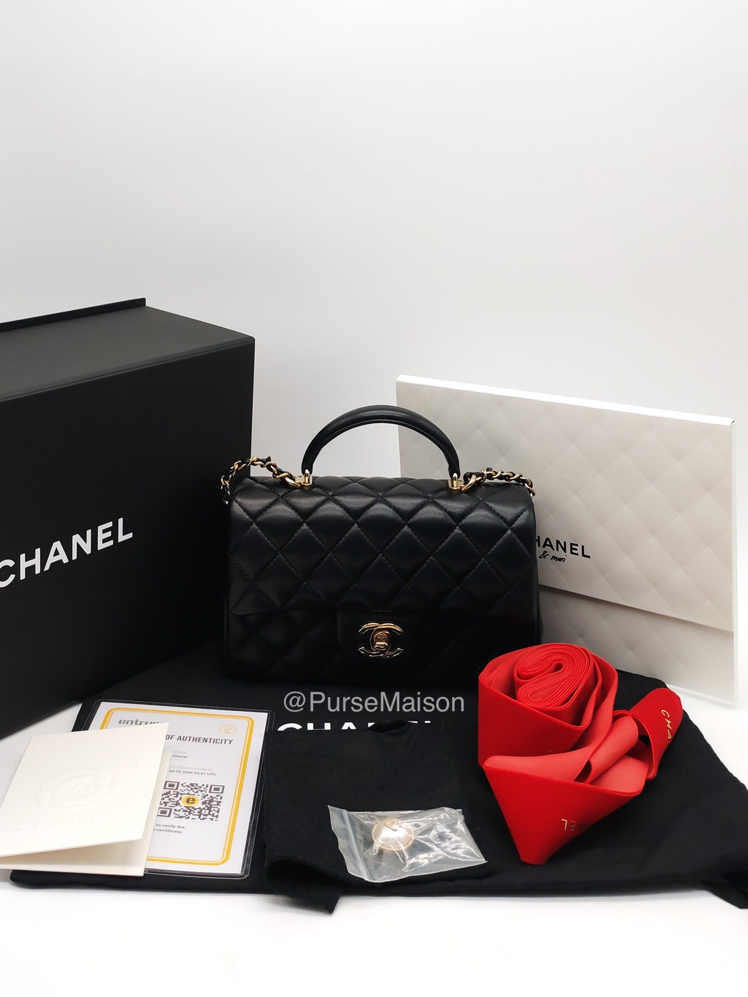 Chanel Mini Rectangular Top Handle Flap Bag in Black Lambskin Leather Light Gold Hardware (Microchip) | Purse Maison Luxury Bags Shop