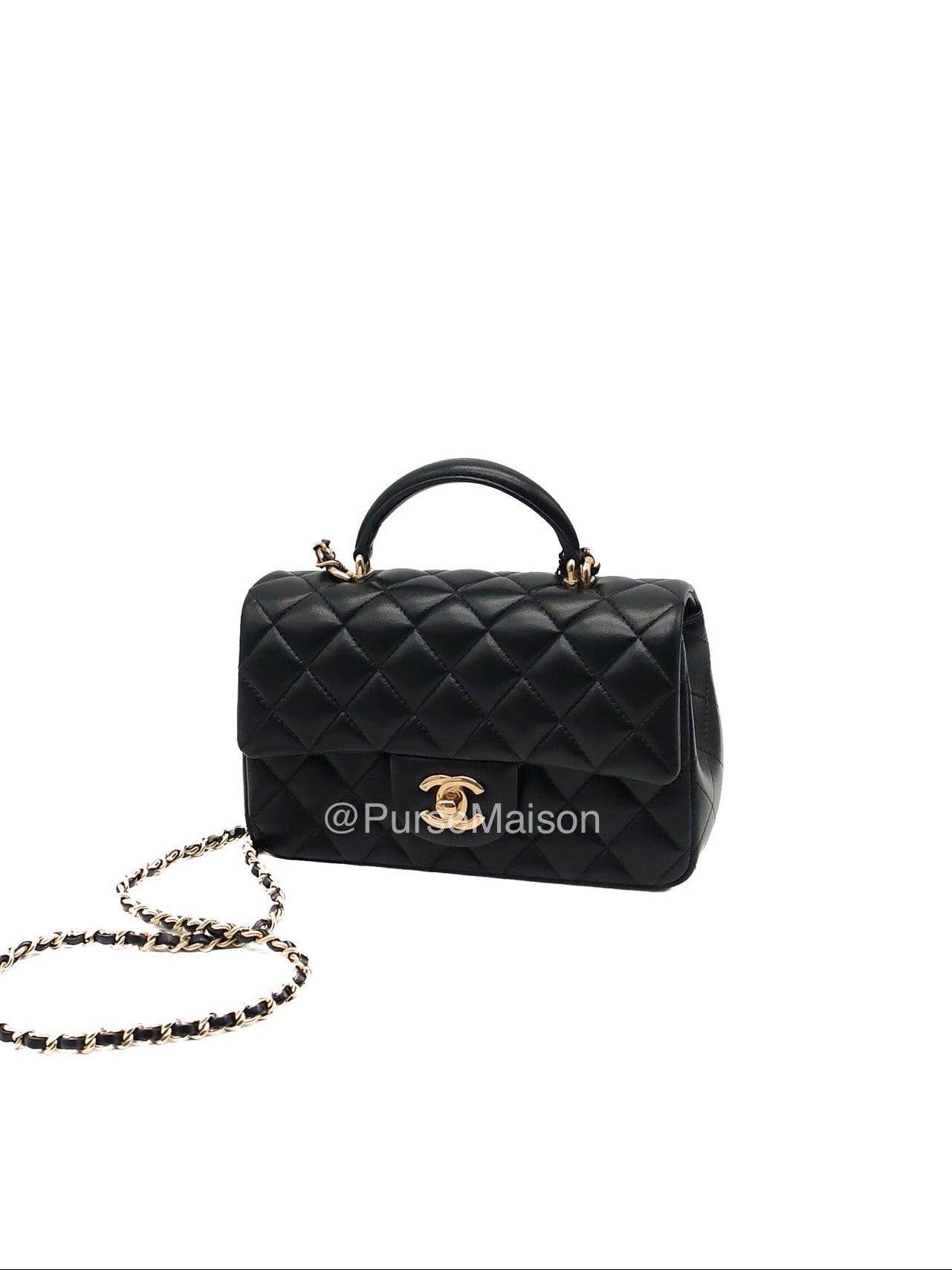 Chanel Mini Rectangular Top Handle Flap Bag in Black Lambskin Leather Light Gold Hardware (Microchip) | Purse Maison Luxury Bags Shop