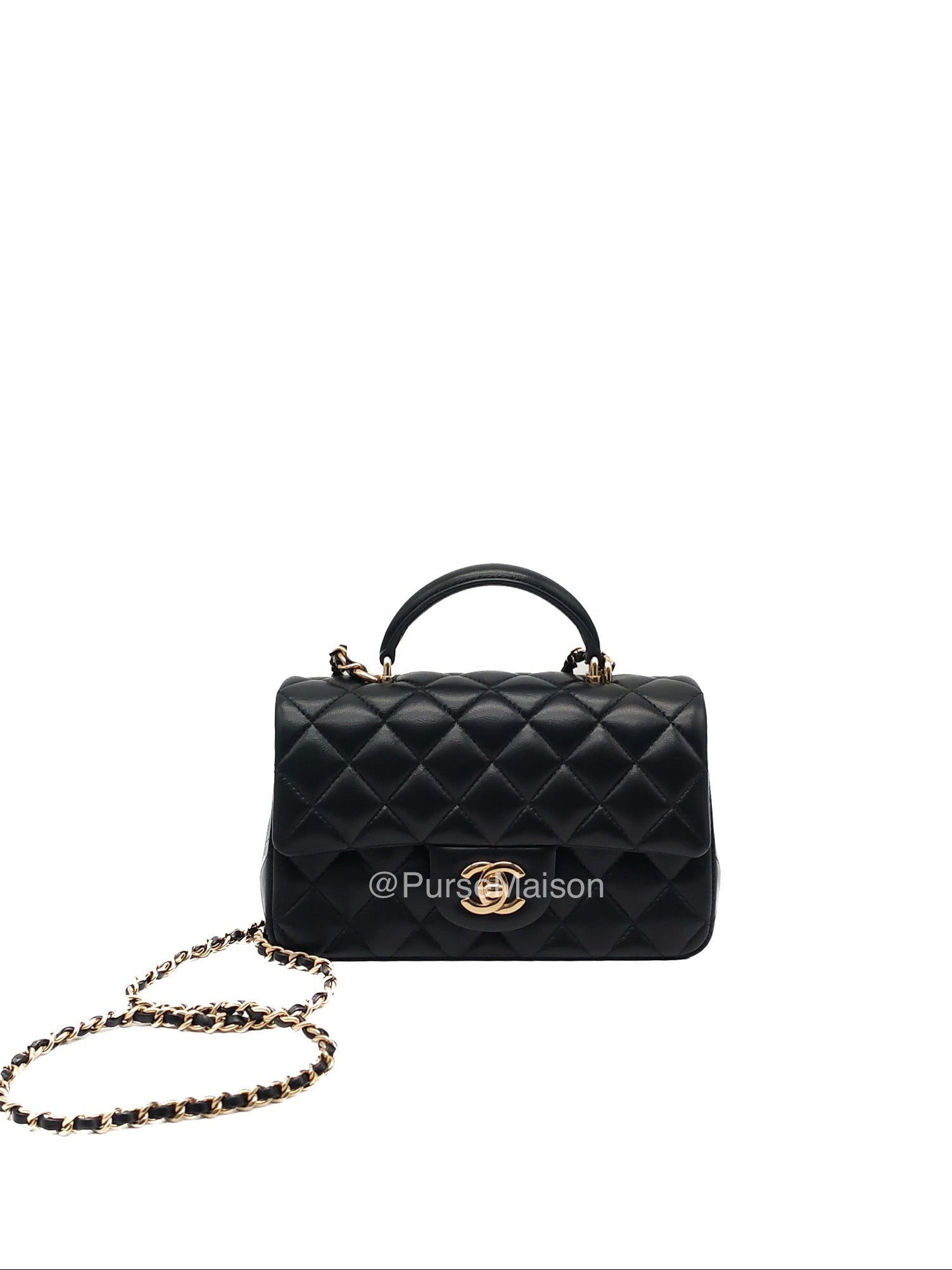 Chanel Mini Rectangular Top Handle Flap Bag in Black Lambskin Leather Light Gold Hardware (Microchip) | Purse Maison Luxury Bags Shop