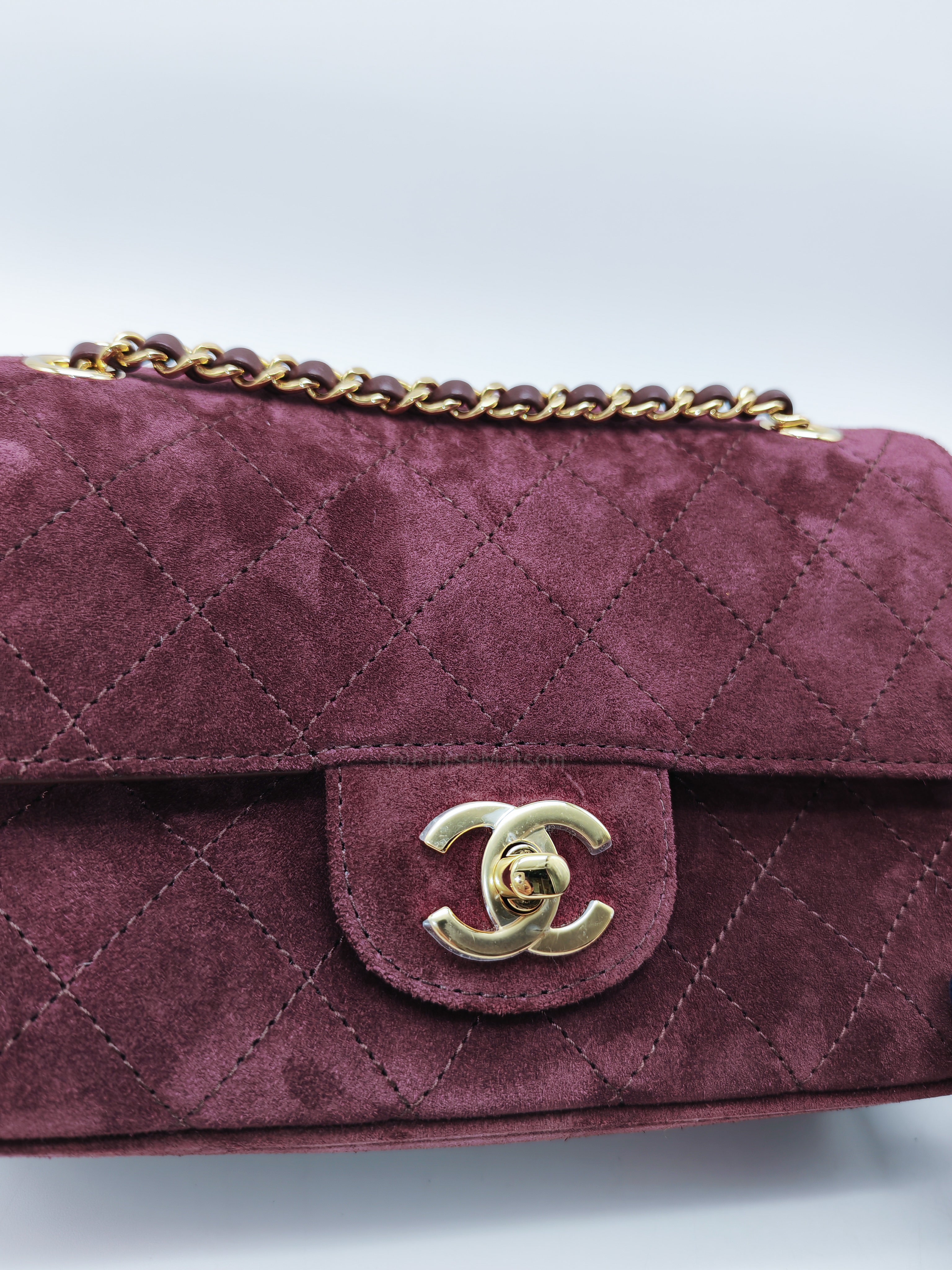 Chanel Mini Souplissimo Flap Bag in Burgundy Suede Calfskin Leather and Gold Hardware Microchip | Purse Maison Luxury Bags Shop