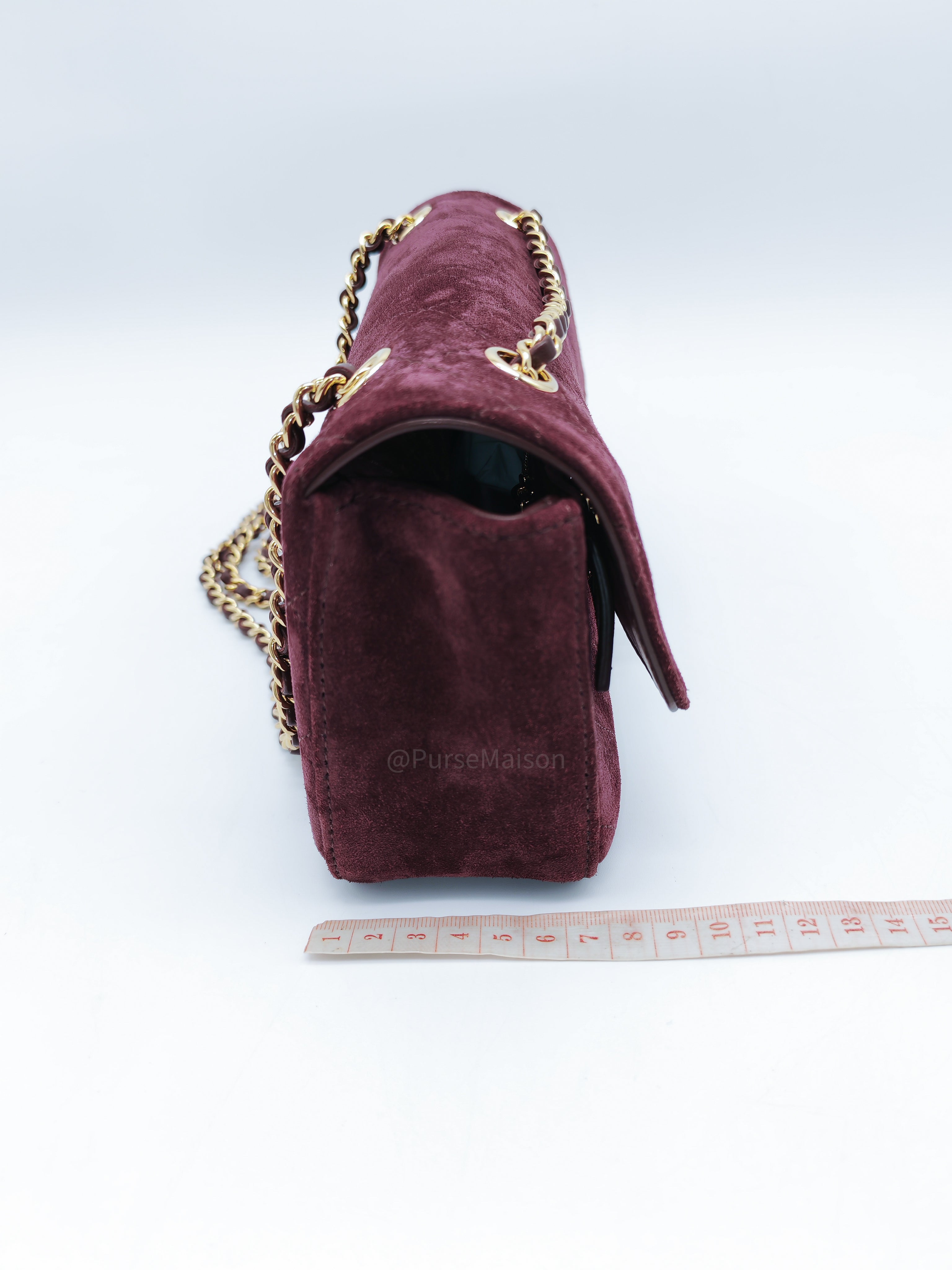 Chanel Mini Souplissimo Flap Bag in Burgundy Suede Calfskin Leather and Gold Hardware Microchip | Purse Maison Luxury Bags Shop