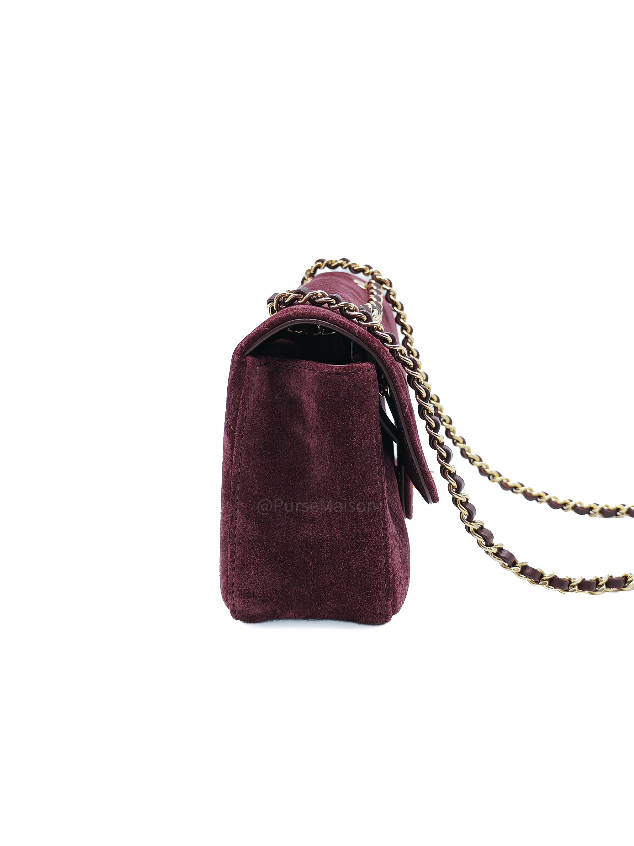 Chanel Mini Souplissimo Flap Bag in Burgundy Suede Calfskin Leather and Gold Hardware Microchip | Purse Maison Luxury Bags Shop