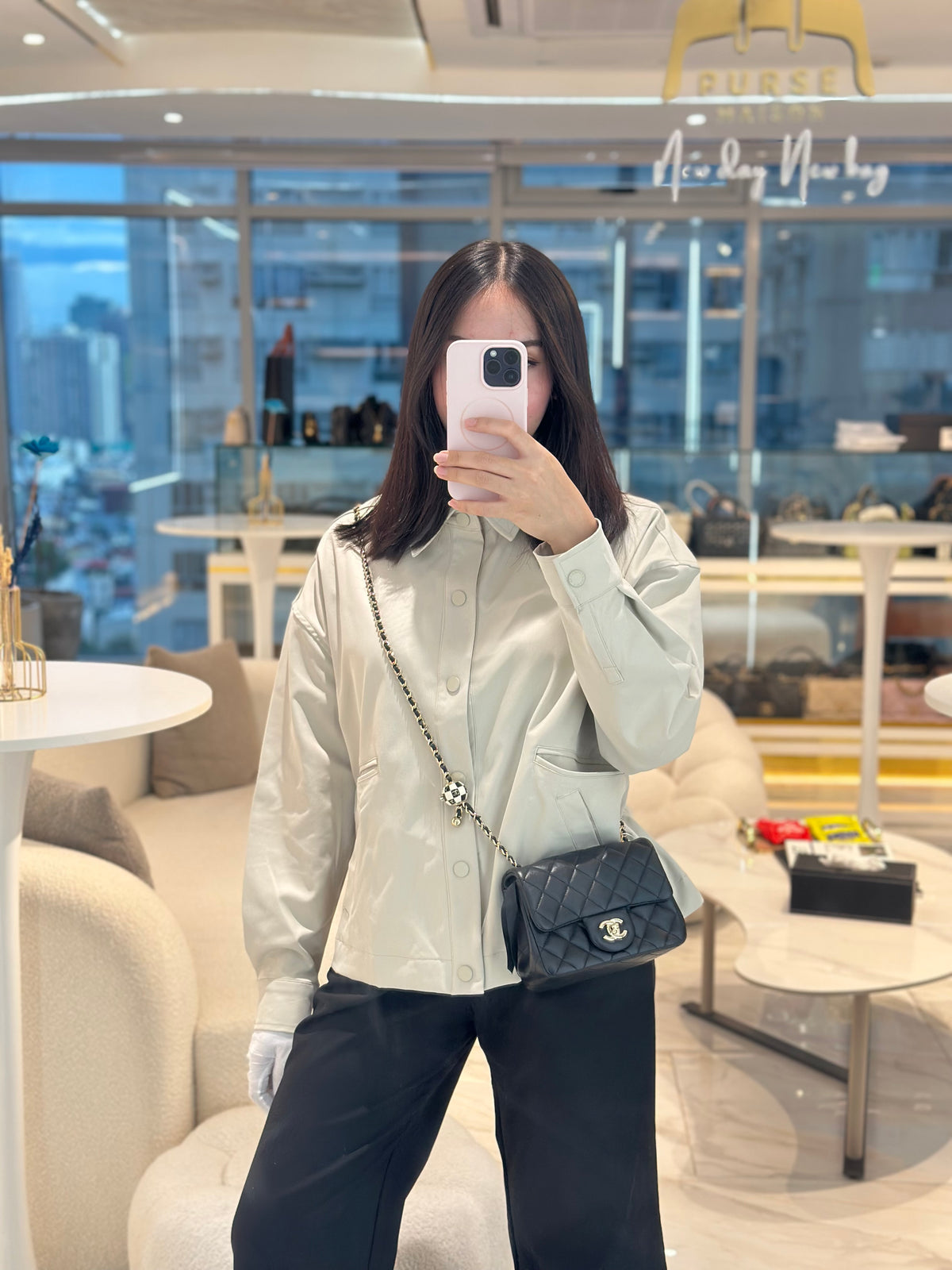 Chanel Mini Square Bag in Black Quilted Lambskin Leather Soccer Ball Pearl Crush in Light Gold Hardware (Microchip) | Purse Maison Luxury Bags Shop