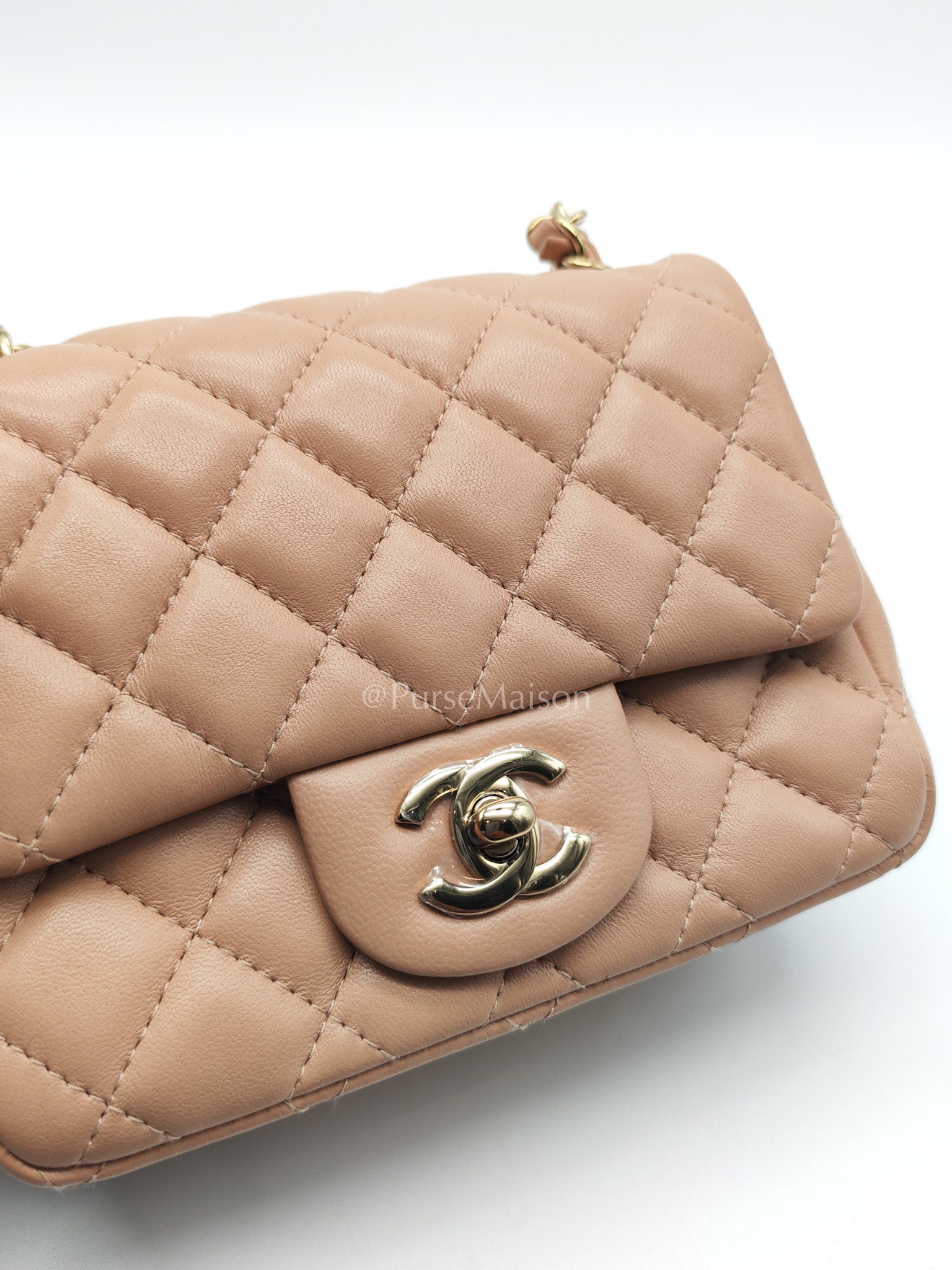 Chanel Mini Square Flap Bag in Dark Beige Light Gold Hardware (Microchip) | Purse Maison Luxury Bags Shop