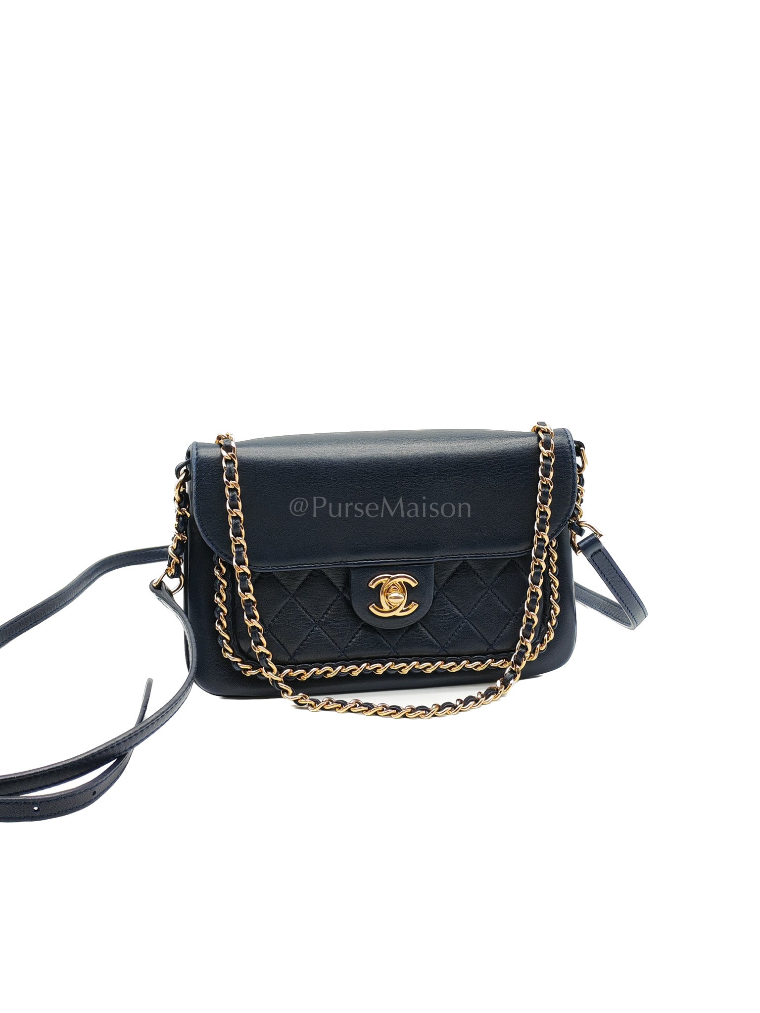 Mini Unchained Flap in Navy Blue Lambskin Leather and Gold Hardware Series 24 | Purse Maison Luxury Bags Shop