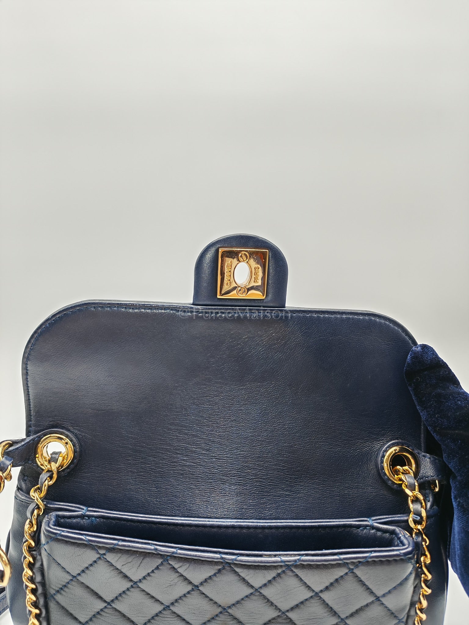 Mini Unchained Flap in Navy Blue Lambskin Leather and Gold Hardware Series 24 | Purse Maison Luxury Bags Shop