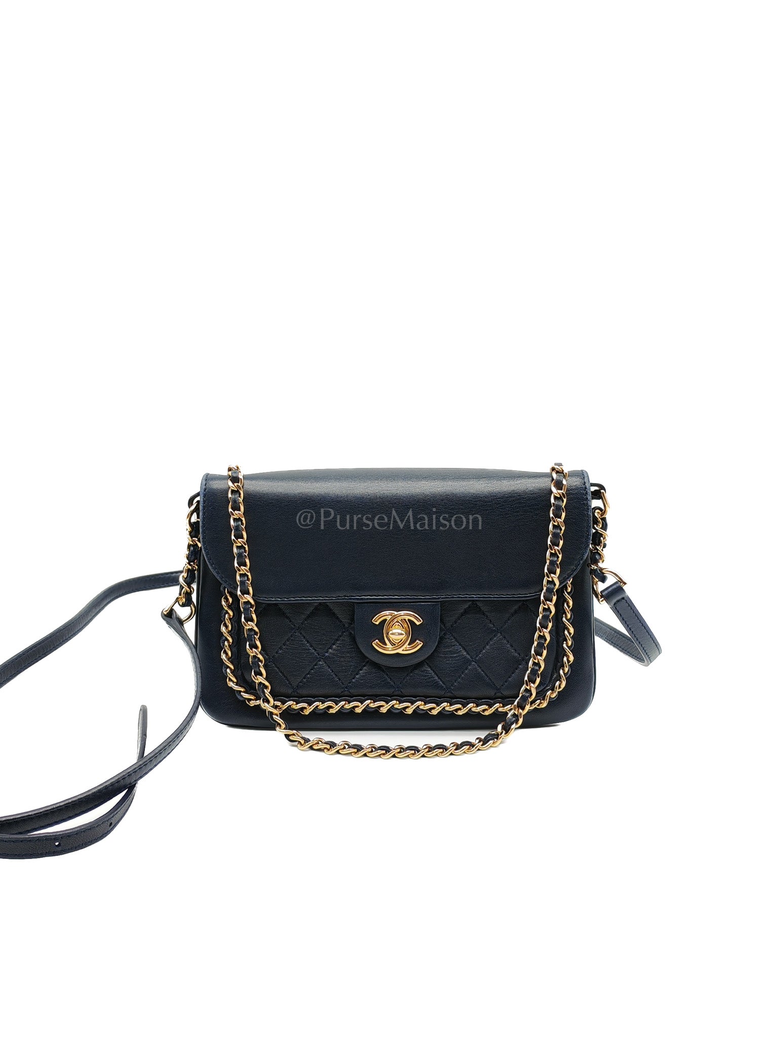 Mini Unchained Flap in Navy Blue Lambskin Leather and Gold Hardware Series 24 | Purse Maison Luxury Bags Shop