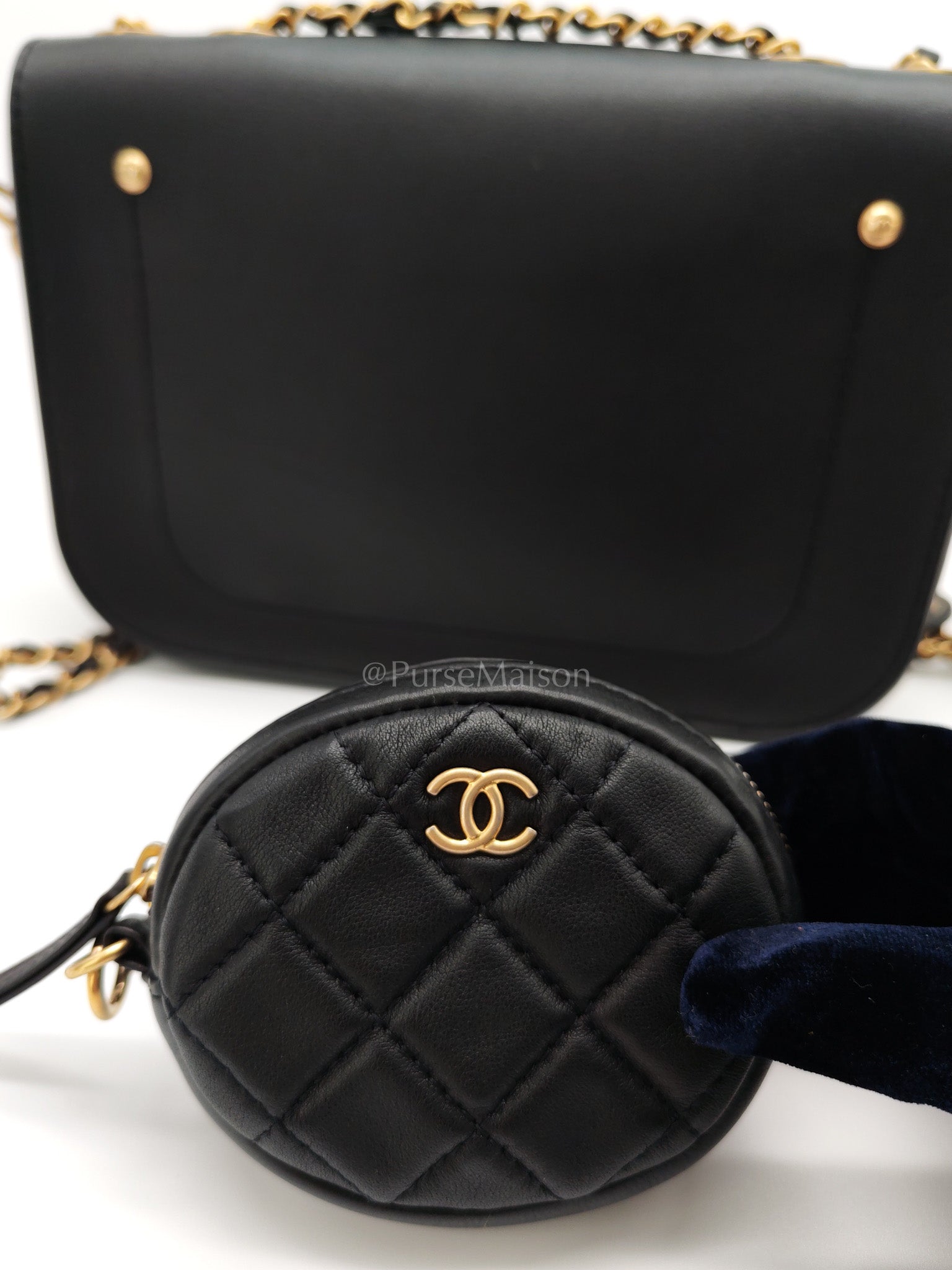 Multi-Pouching Flap Bag with Coin Purse in Black Calfskin Leather and Aged Gold Hardware Series 28 | Purse Maison Luxury Bags Shop