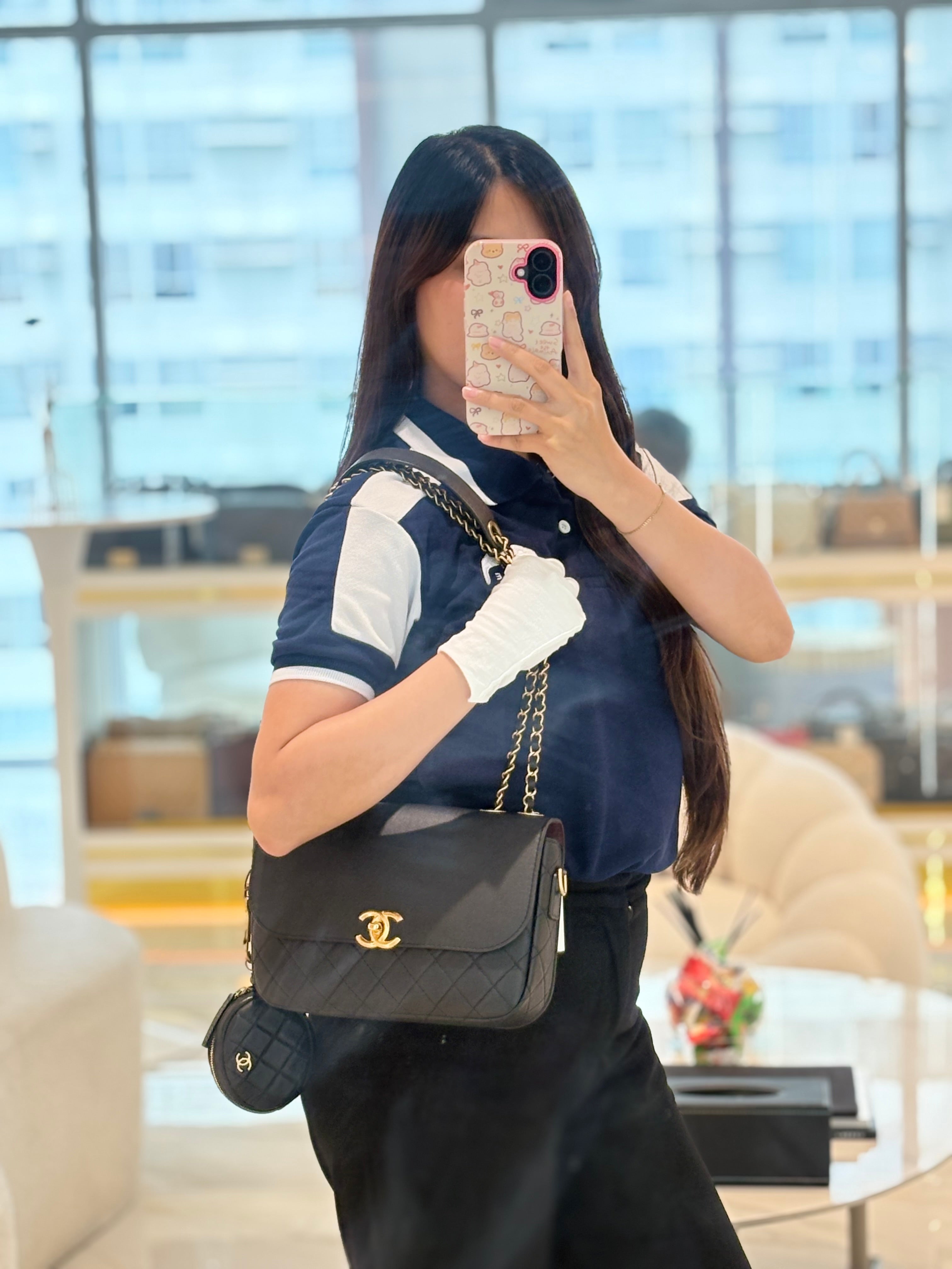 Chanel Multi-Pouching Flap Bag with Coin Purse in Black Calfskin Leather and Aged Gold Hardware Series 28 | Purse Maison Luxury Bags Shop