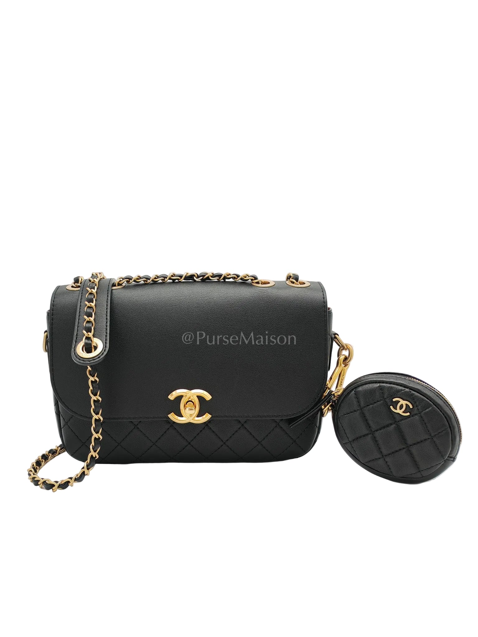 Multi-Pouching Flap Bag with Coin Purse in Black Calfskin Leather and Aged Gold Hardware Series 28 | Purse Maison Luxury Bags Shop